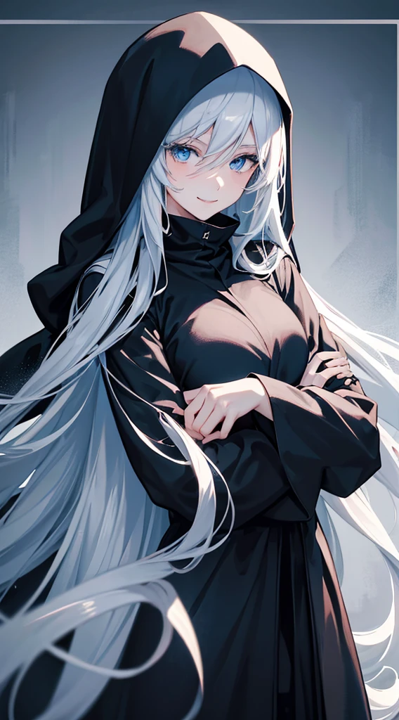 Cover magazine, anime. A young woman with long white hair and blue eyes. Wearing all black clothes. Wearing a long black robe and a hood covering her head. A mysterious impression. She was smiling brightly.