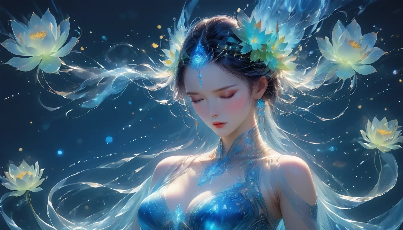 imagine a glass woman, Her delicate figure is like a sculpture-like work of art, Crying in the Starry Sky. The blue night enveloped her, Casting a melancholy light on her ethereal figure. Her glass body glows with bright blue hues, Every line and curve is etched with intricate detail. The glass in her eyes reflects the twinkling stars, Reflecting the infinite depth and emotion of the universe. Her sadness is beyond words, But her beautiful figure is still untarnished, Proof of the extraordinary power of emotion. This 4K glass woman is an exquisite picture of light and shadow, color, and feeling, arrive,body glow,glowing line,fluorescence,Luminous example,Tracking example,flash,萤light particles,backlight,translucent,light particles,correct human anatomy,