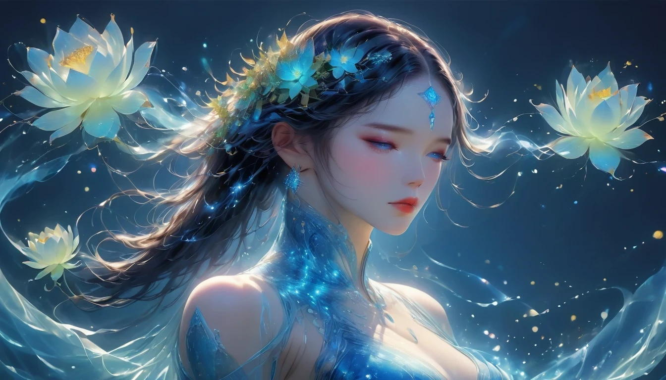 imagine a glass woman, Her delicate figure is like a sculpture-like work of art, Crying in the Starry Sky. The blue night enveloped her, Casting a melancholy light on her ethereal figure. Her glass body glows with bright blue hues, Every line and curve is etched with intricate detail. The glass in her eyes reflects the twinkling stars, Reflecting the infinite depth and emotion of the universe. Her sadness is beyond words, But her beautiful figure is still untarnished, Proof of the extraordinary power of emotion. This 4K glass woman is an exquisite picture of light and shadow, color, and feeling, arrive,body glow,glowing line,fluorescence,Luminous example,Tracking example,flash,萤light particles,backlight,translucent,light particles,correct human anatomy,