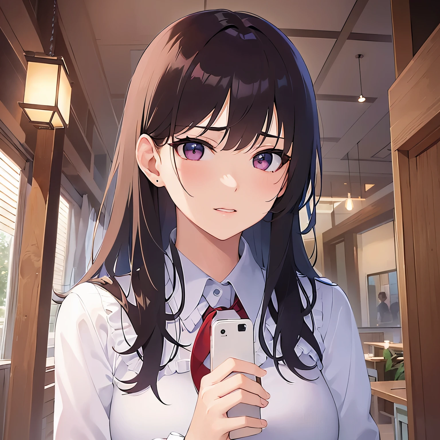 Upper Body, Realistic, real person, RAW photo, photorealistic, portrait photography, shiny skin, japanese idol、（A 25-year-old woman with light chestnut-colored bangs） and (medium hair) and (pink eyes), (white ruffle plane blouse:1.2) and (long sleeve)、annoyed, The background is the interior of the restaurant.、Are standing、Alone、