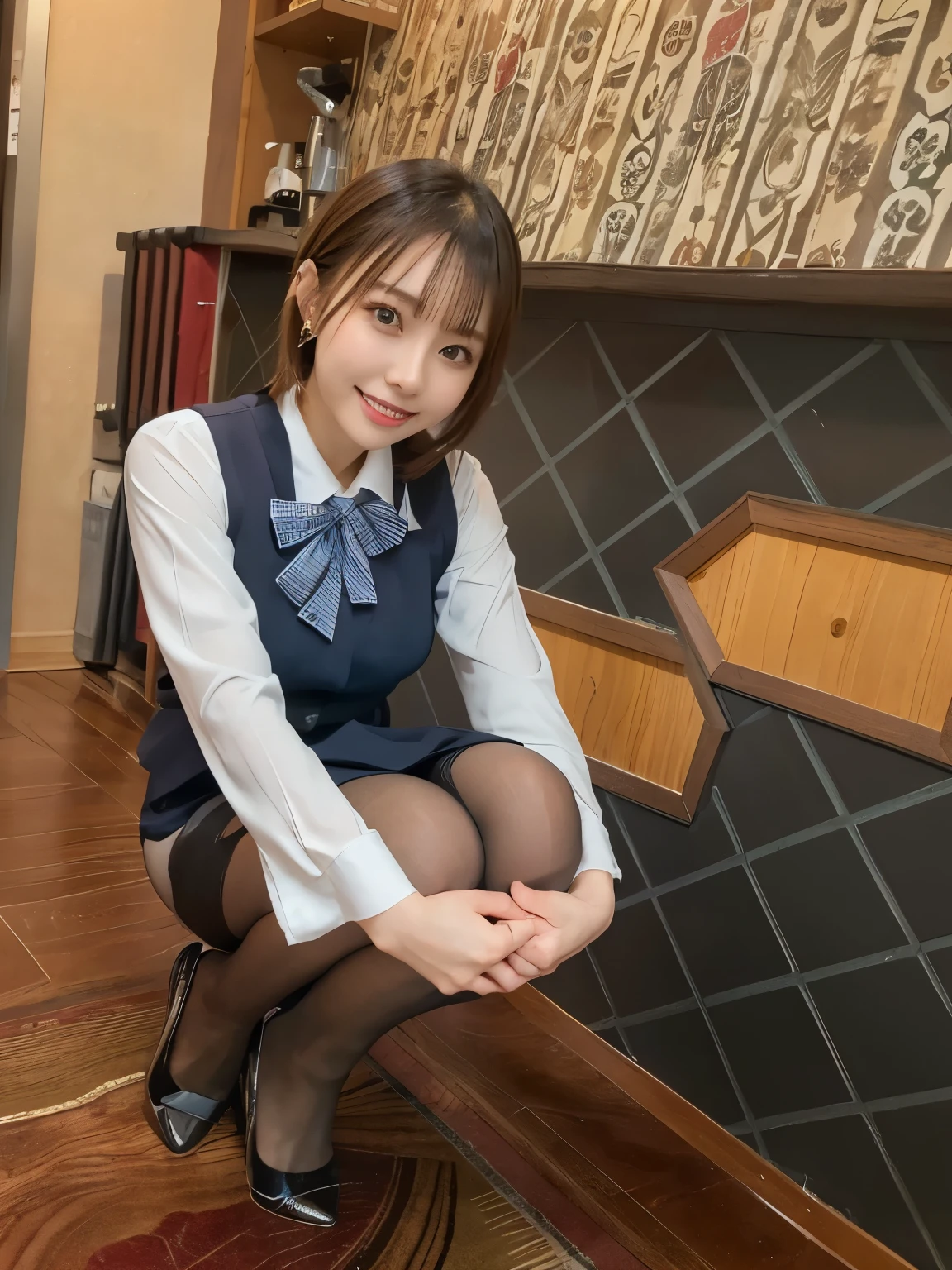 There is a woman squatting in the room., (super realistic pantyhose:1.3), Beast, japanese , seifuku, Chiho, sakimichan, cute , Yoshitomo Nara, various poses, japanese girl uniform, wearing Japanese , reluvy5213, wearing a principal's uniform