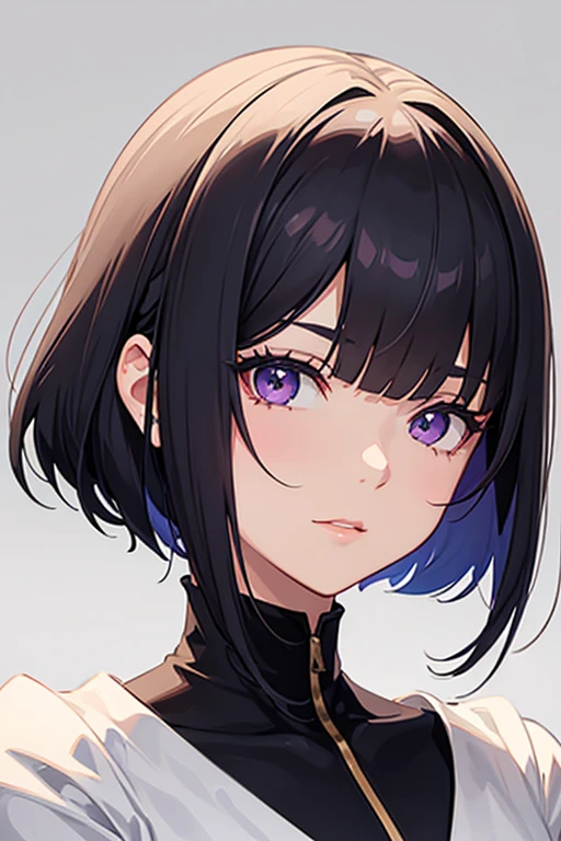 Anime-style portrait of a girl with a dark violet bob cut making eye contact with the camera, bright eyes, baby-faced, subtle smile, minimalistic background to emphasize character, high contrast, clean lines, digital painting, vivid colors, The girl wears her hair in a bob cut, cut at the jawline. Her hair is dark purple and her fringes are parted just in the middle of her forehead, barely peeking over her eyebrows. Other short hair frames the face on either side of the fringe, reaching just above the eyes, and the hair on the sides is clipped above the ears. The hair on top has slight volume and forms an overall rounded silhouette. The texture of the hair is smooth, shiny and lively. The ends of the hair are lightly styled inwards.