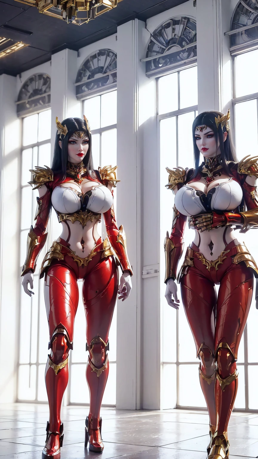 A beauty girl with black hair, (HYPER-REALISTIC:1.5), (PHOENIX GOLD HELM:1.1), (MUSCULAR BODY SHAPE,HUGE FAKE BREAST:1.5), (CLEAVAGE:1.5), (MUSCLE ABS:1.3), (MECHA GUARD ARMS:1.1), ((RED SHINY FUTURISTIC MECHA CROP TOP, BLACK MECHA SKINTIGHT LEGGINGS, WHITE MECHA GUARD ARMOR LEGS, HIGH HEELS:1.5)), (WET SWEATY BODYSKIN, LONG LEGS:1.1), (LOOKING AT VIEWER:1.3), (female focus:1), (WALKING IN HALLROOM OF FUTURISTIC SPACE STATION:1), (BRIGHT LIGHT WHITE_ROOM:1.3), HYPER TEXTURE, (4X MSAA), (UNREAL ENGINE 5 RENDER), PHYSICALLY-BASED RENDERING, ULTRA HIGHT DEFINITION, 16K, 1080P.