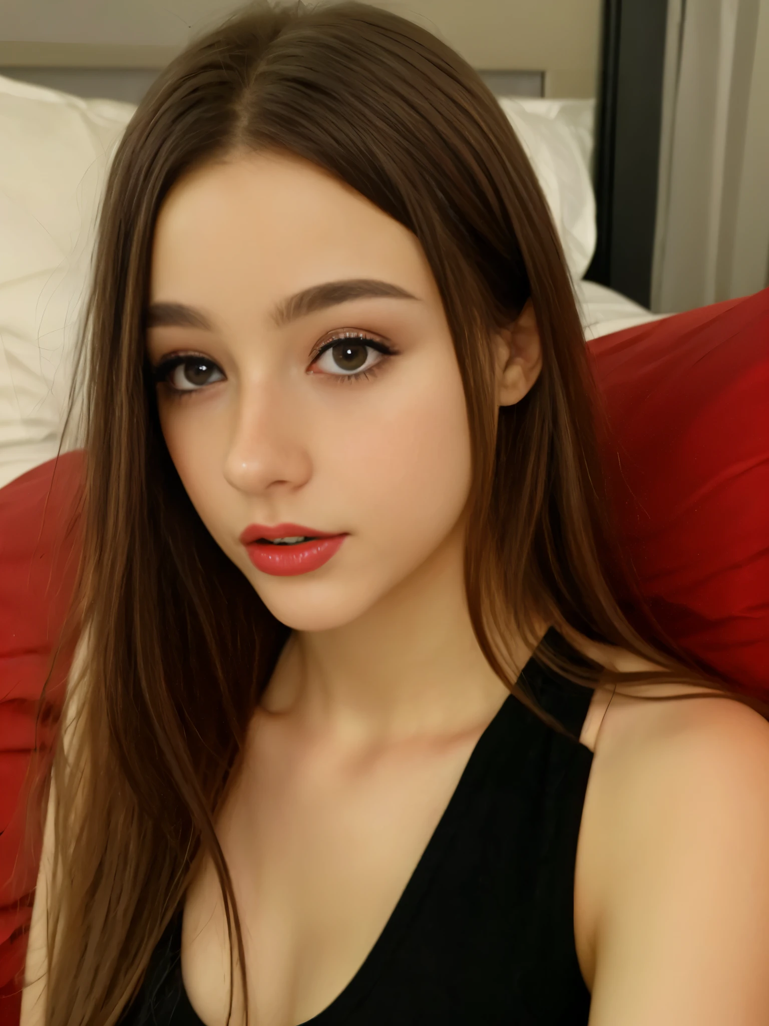 1 girl, , auf dem Bett sitzen, Mobiltelefon halten, schwarzes Haar, schwarze Augen, rote Lippen, Schwarzer Anzug, Zweifel, Verwicklungen, Meisterwerke, The best quality