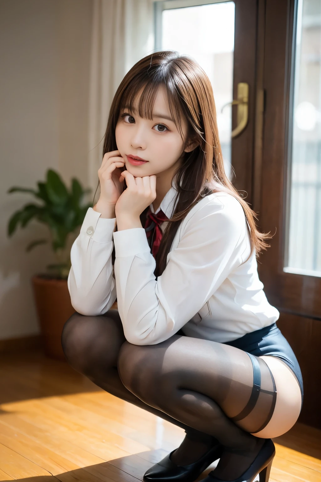 ulzzang-6500-v1.1, (Raw photo:1.2), (Photoreal),(genuine: 1.4), (muste piece), highest quality, shape, Super detailed, finely, High resolution, 8k wallpaper, 完璧なダイナミックな構shape, beautiful and detailed eyes, There is a woman squatting in the room., (super realistic pantyhose:1.3), Beast, japanese , seifuku, Chiho, sakimichan, cute , Yoshitomo Nara, various poses, japanese girl uniform, wearing Japanese , reluvy5213, wearing a principal&#39;s uniform