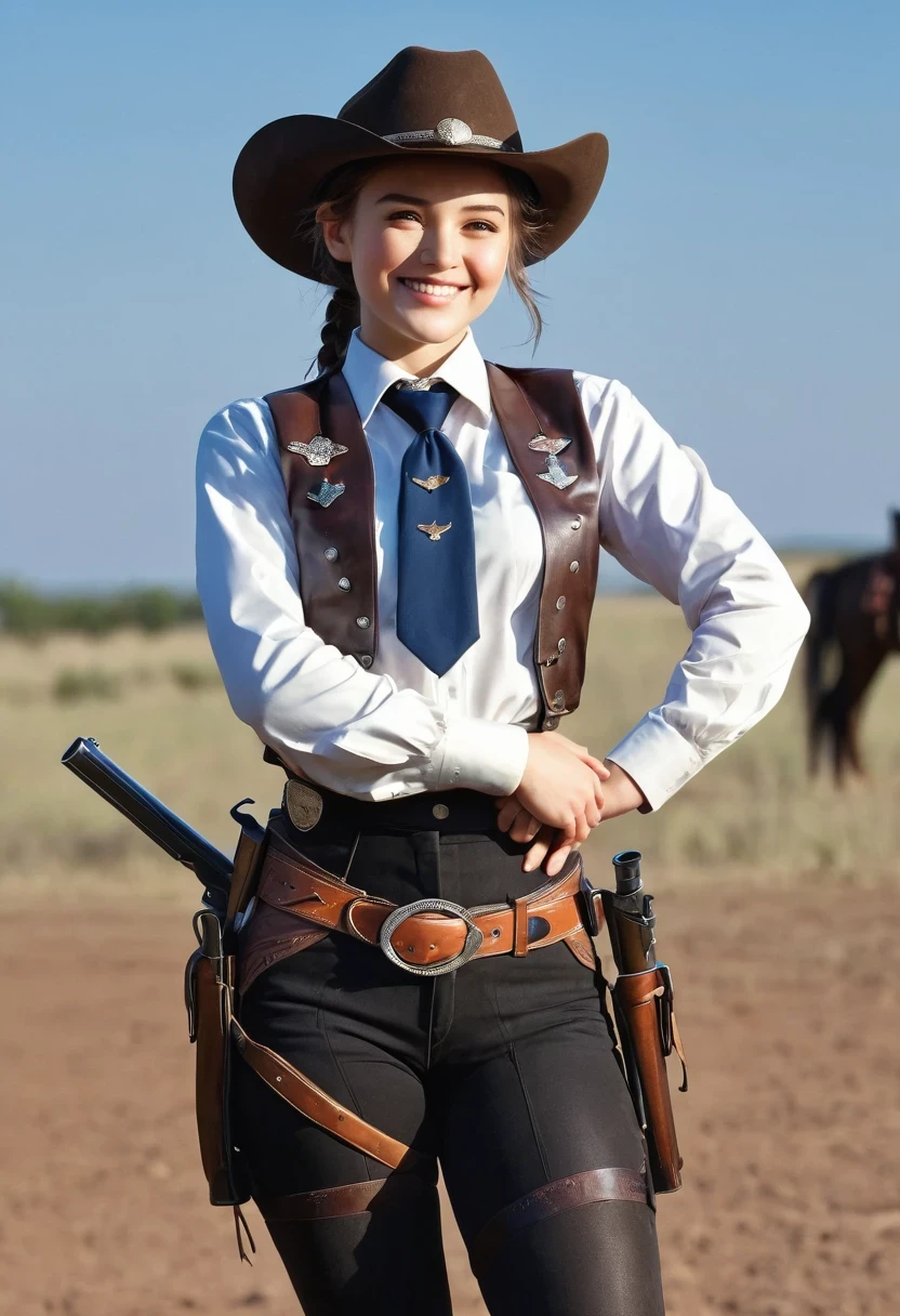 (masterpiece, best quality:1.2), Cowboy shooting, alone, 1 girl, Alicia Melchiot, Smile, looking at the audience, arms crossed, Double tail, headgear, Uniform, tie, Raise your legs high