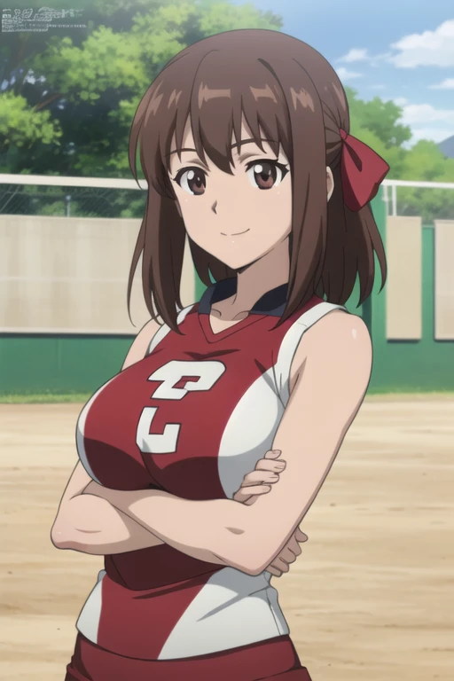 (anime cels style, best quality, high resolution, megami magazine, anime poster style, photorealistic), (beautiful eyes:1.2), kondou_taeko, 1girl, smile, medium hair, brown hair, brown eyes, (hair ribbon, red ribbon), huge breast, (volleyball uniform, sleeveless), cowboy shot, (perfect detailed anatomy, beautiful face, perfect body, perfect arms, shiny skin), sunshine, bluesky