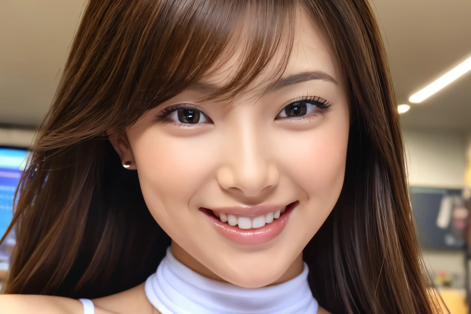 young、beautiful、female announcer、shaped face contour、long hair、brown hair、Fine iris、Elegant、erotic face、glowing skin、juicy lips、an open seductive smile、thick eyelasheodel body shape、earrings、blush、black mini skirt、perfect lighting、perfect shadow、perfect anatomy(((masterpiece))), ((highest quality)), ((Super detailed)), (CG illustration), (非常に邪悪でbeautiful)), (Cute Desktop Face),