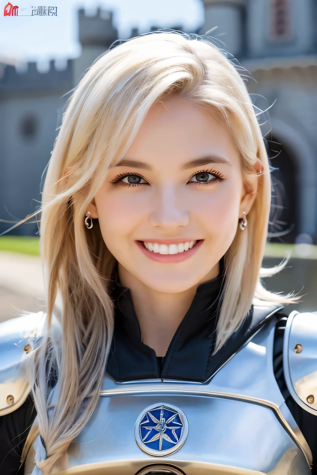 ８Ｋ、highest quality、female knight、The background is a castle、Luxurious Silver Armor、heavy equipment、hairstyle short cut、smile、beautiful teeth、full body photo、ear piercing、blonde、white woman、blue eyes、hair band

