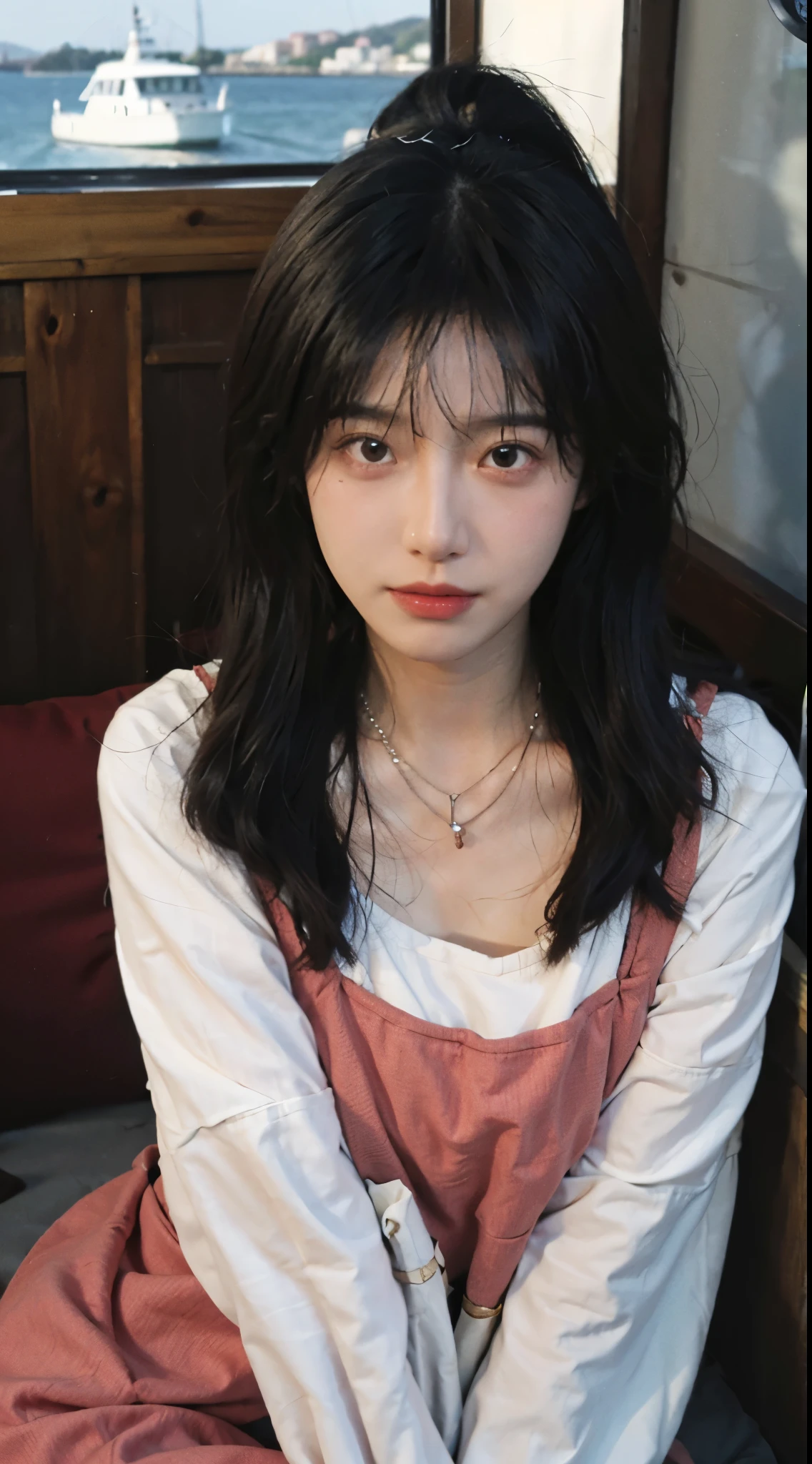 best quality,masterpiece,ultra high resolution,(realistically:1.4),1 girl,big wavy hair,double eyelids,A pair of peach blossom eyes,pure,fair,Stunner,necklace,Lovely,Skin white and translucent,Looking directly at the viewer,on the yacht,full of atmosphere,pure,red dress:1.8,(upper part of body:1.4),There is light on the face, movie lighting,illustration, Very detailed,Level verbose, High resolution, Very detailed, best quality, masterpiece,Highly detailed facial and skin textures,surreal,Super real photos,Beautiful and delicate eyes,Very detailed CG unified 8k wallpaper,(masterpiece),(best quality),(Super detailed),(Super real photos),(Best character details:1.36)