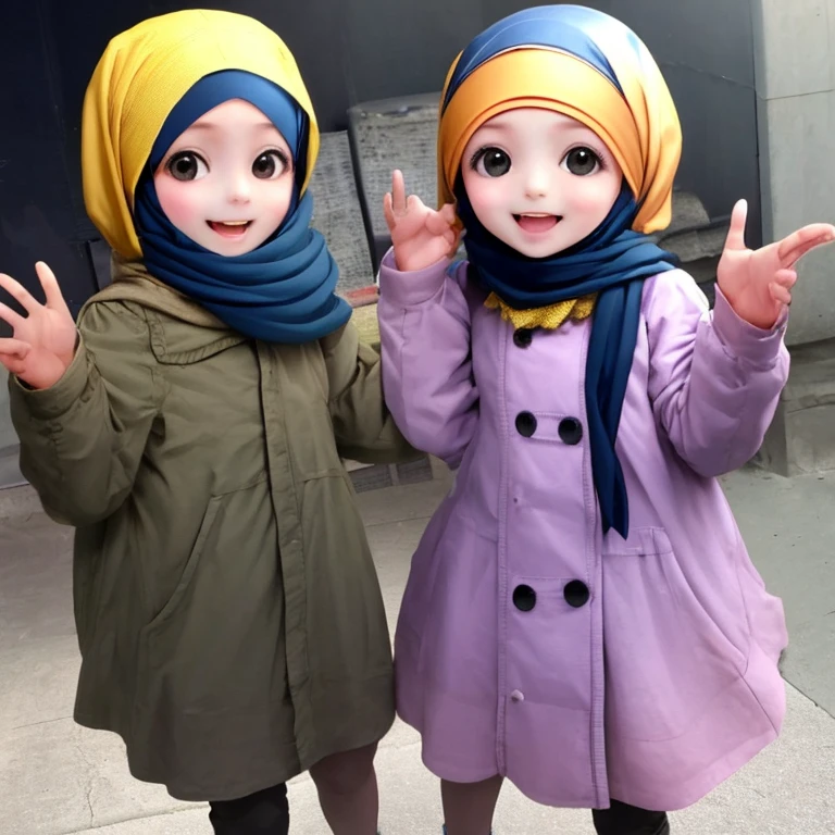 Make two children with hijab smile in front of camera