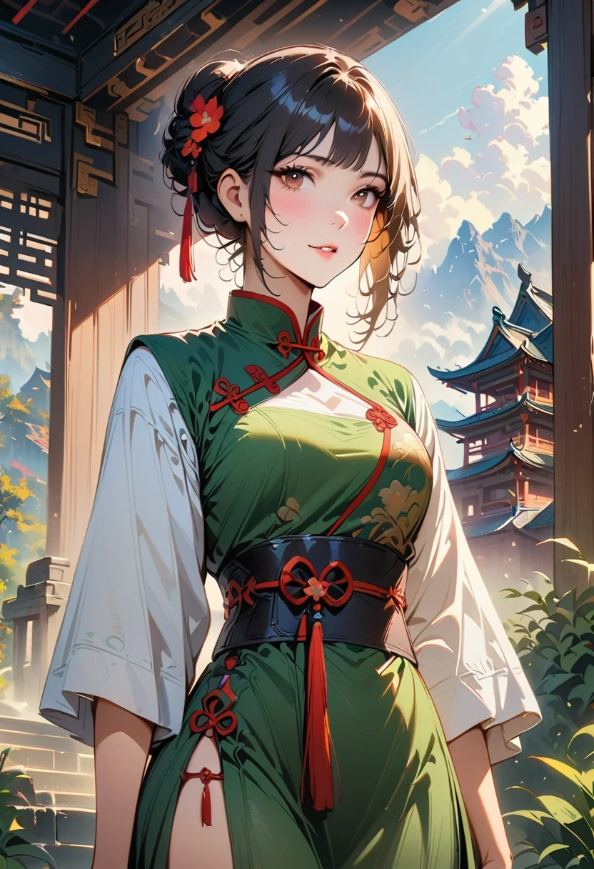 a girl， Chinese clothing， Sunlight， Clear face， delicate face，clean background，bun,hairpin,Realistic style， masterpiece， Ultra-detailed， epic work， ultra high definition， high quality， Very detailed， official art， 8k wallpaper， Ultra-detailed， 32k -- v 6