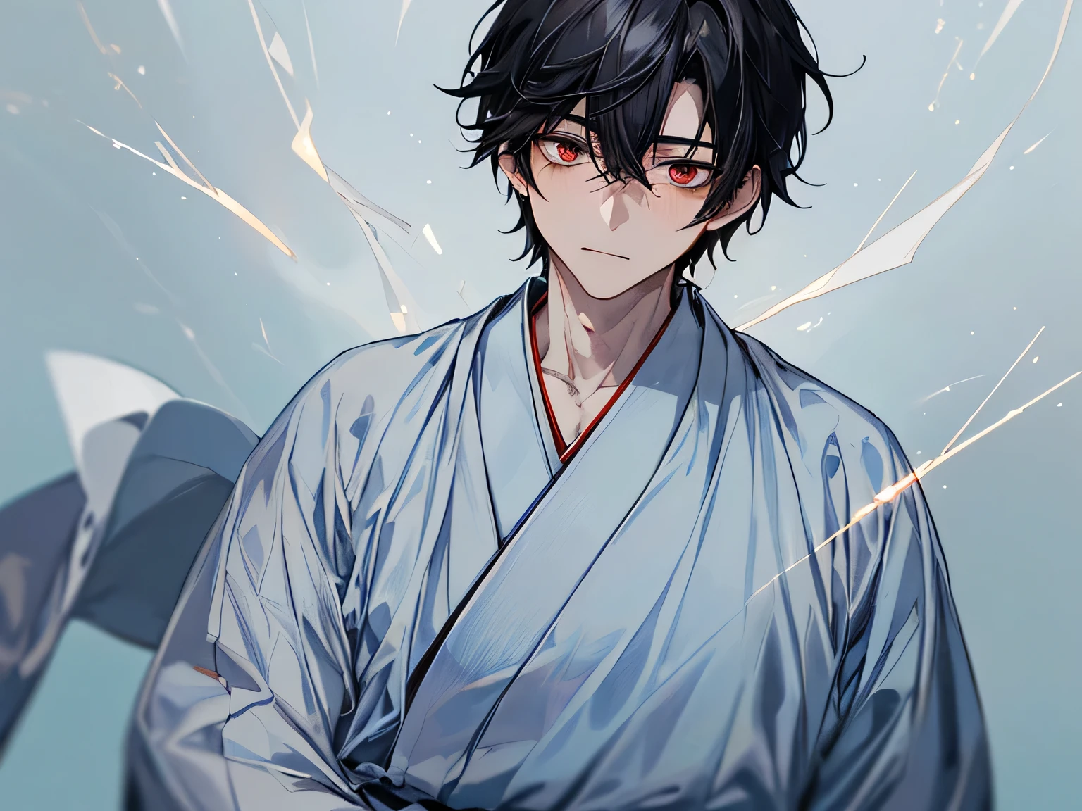upper body,((masterpiece: 1.4, highest quality)), one man, Pale red eyes, black hair,(Japan priesthood, white and light blue hakama: 1.3), Sparks on the dark background