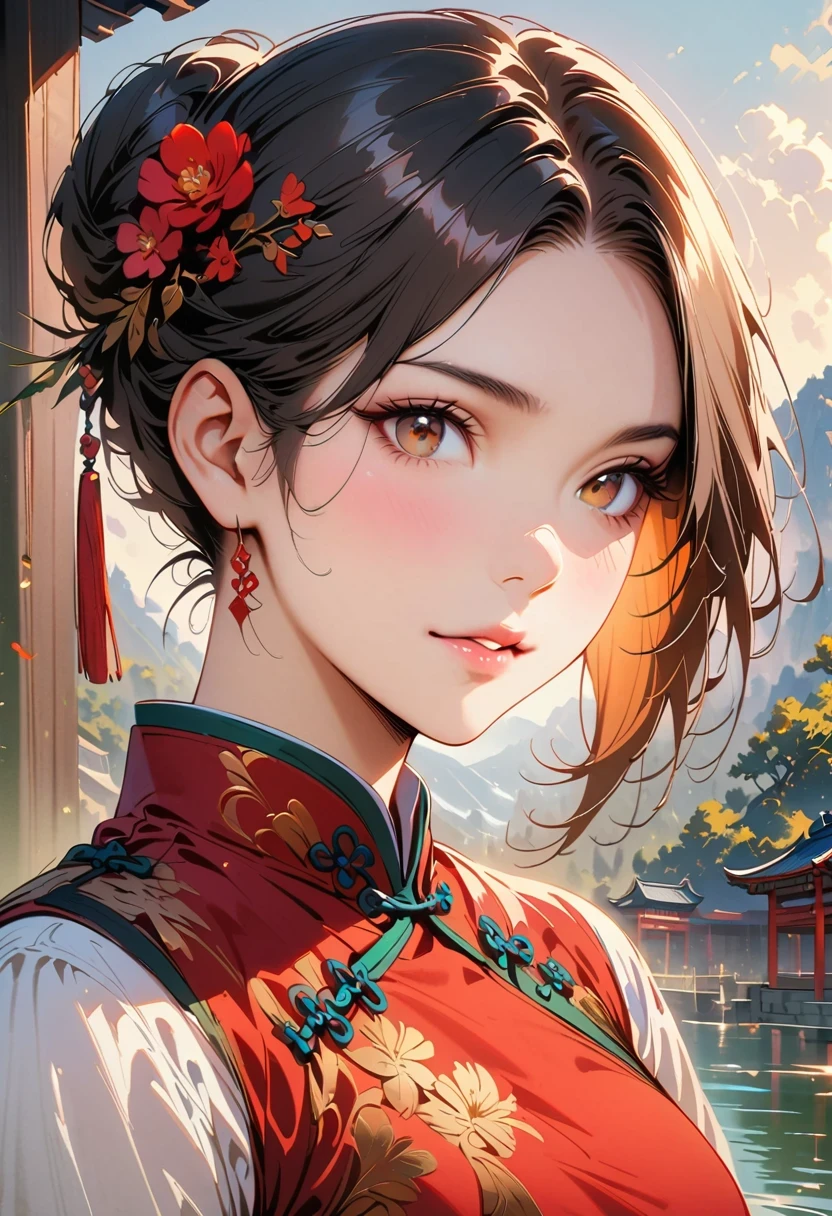 a girl， Chinese clothing， Sunlight， Clear face， delicate face，clean background，bun,hairpin,Realistic style， masterpiece， Ultra-detailed， epic work， ultra high definition， high quality， Very detailed， official art， 8k wallpaper， Ultra-detailed， 32k -- v 6