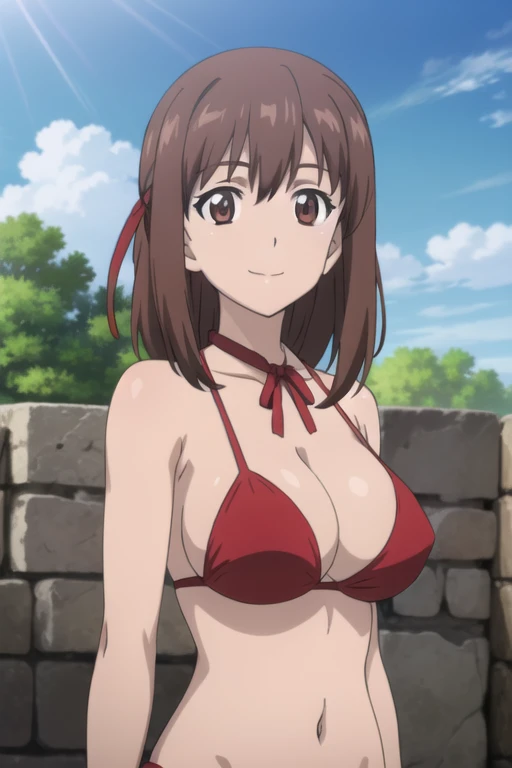 (anime cels style, best quality, high resolution, megami magazine, anime poster style, photorealistic), (beautiful eyes:1.2), kondou_taeko, 1girl, smile, medium hair, brown hair, brown eyes, (hair ribbon, red ribbon:1.5), huge breast, (red bikini), cowboy shot, (perfect detailed anatomy, beautiful face, perfect body, perfect arms, shiny skin), sunshine, bluesky