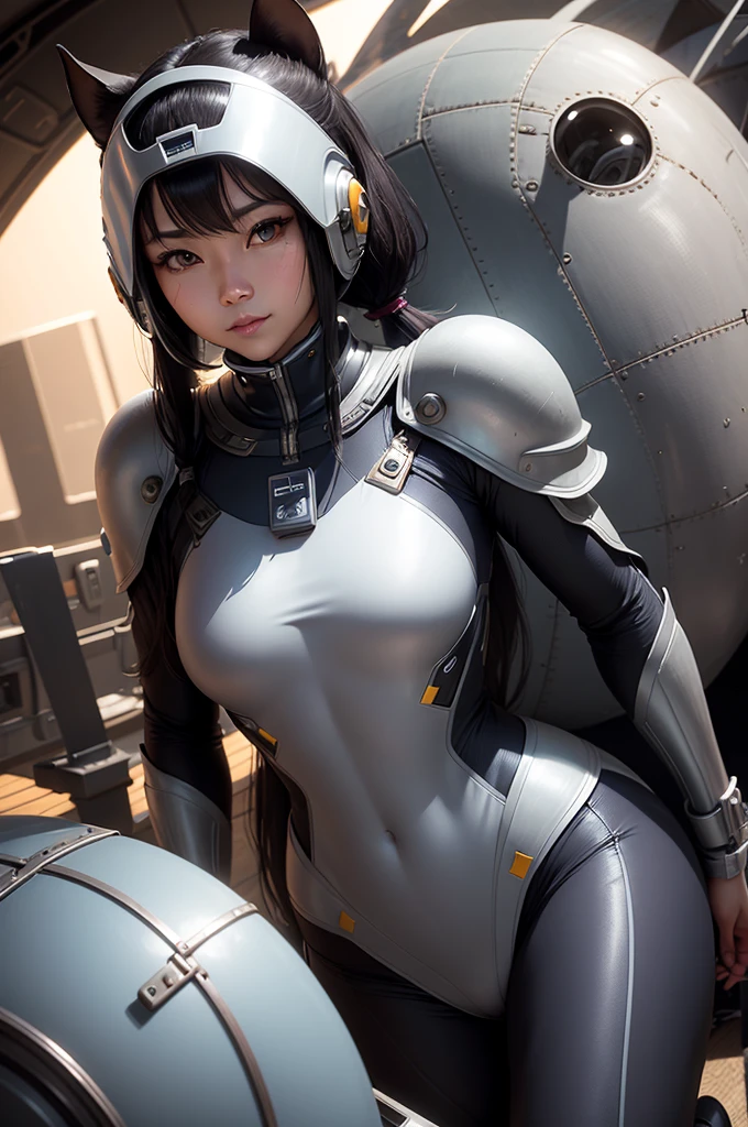 femele、35 year old、full body Esbian、Dark hair、　poneyTail、smil、pilotsuit、protector、helmets、Narrow-eyed、asian human、、realisitic、Realistic、house wife、Front of fuselage、、gentle wind、Runway、Chest bald、hangar、spaceships