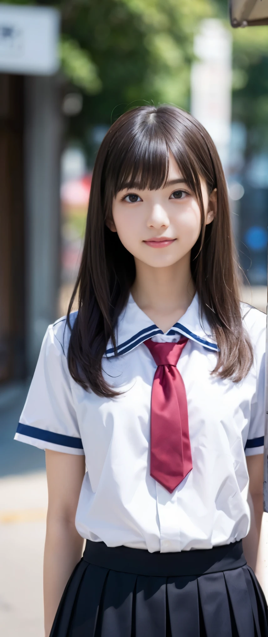 (masterpiece, highest quality:1.2), 8K, 12才のfull nudeの女の子, 85mm,Official AR RAW photo, スーパースリムなスレンダーbeautiful girl, (navy blue short skirt、下Half bodyfull nude、short sleeveの白シャツ、show me your ears、naked girl photo shoot、full nude, cute face, close, Half body, biolace, gardenia, beautiful girl, , thighs, short sleeve, station platform、 looking at the viewer, no makeup, (big smile), film grain, chromatic aberration, sharp focus, face light, clear lighting, Ten generations, detailed face, background bokeh, (dark red tie:1.1)、((((((12 year old girl))))))、((((((12才のfull nude女子高生)))))、thin waist、shy pose、shy and nervous girl、show right breast、