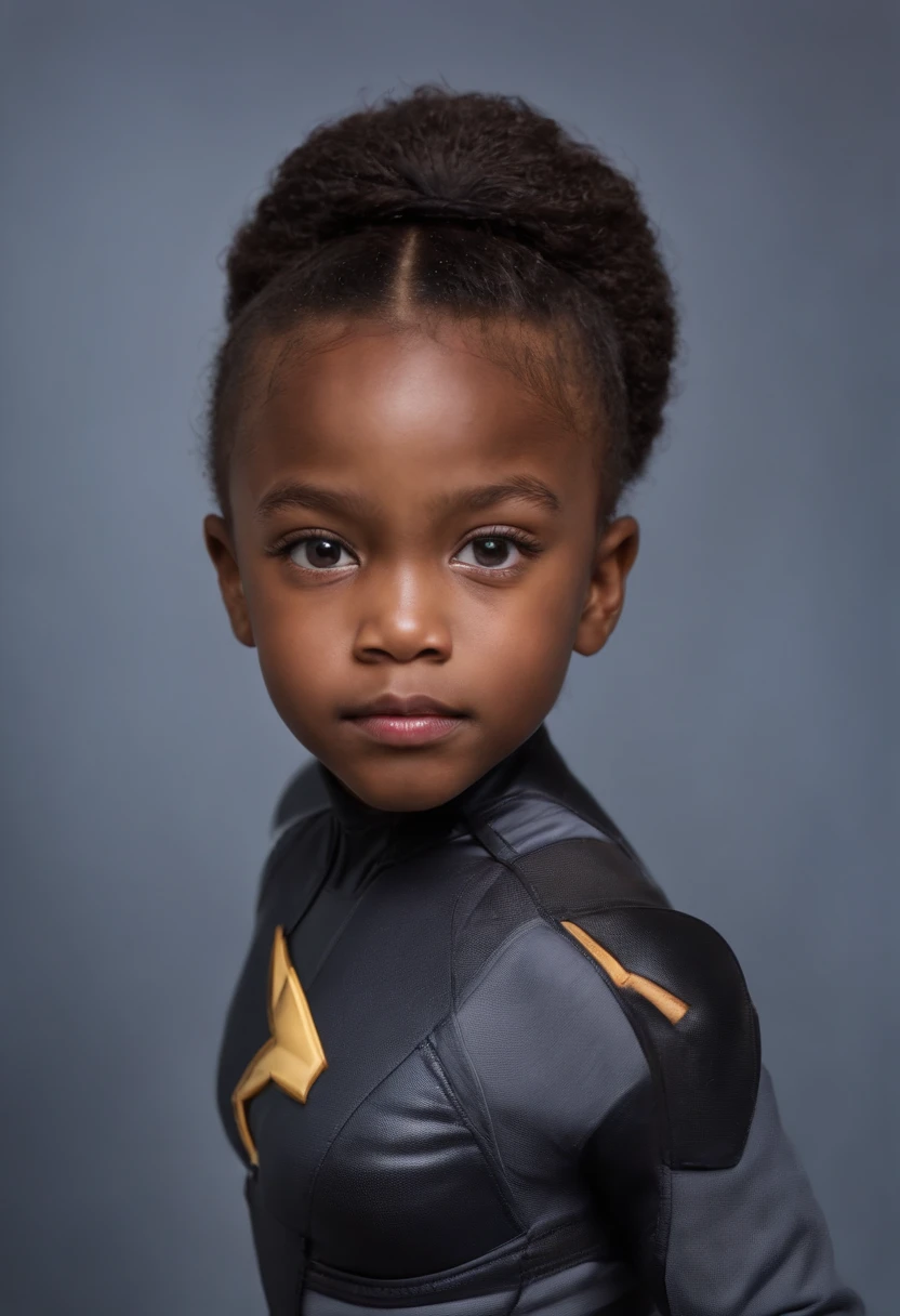 Realistic portrait of a 7 r old Black girl in a x men suit, super athletic body,best art portrait ever, super detailed, very bbeautiful, random background,in 8k, full body, using powers.