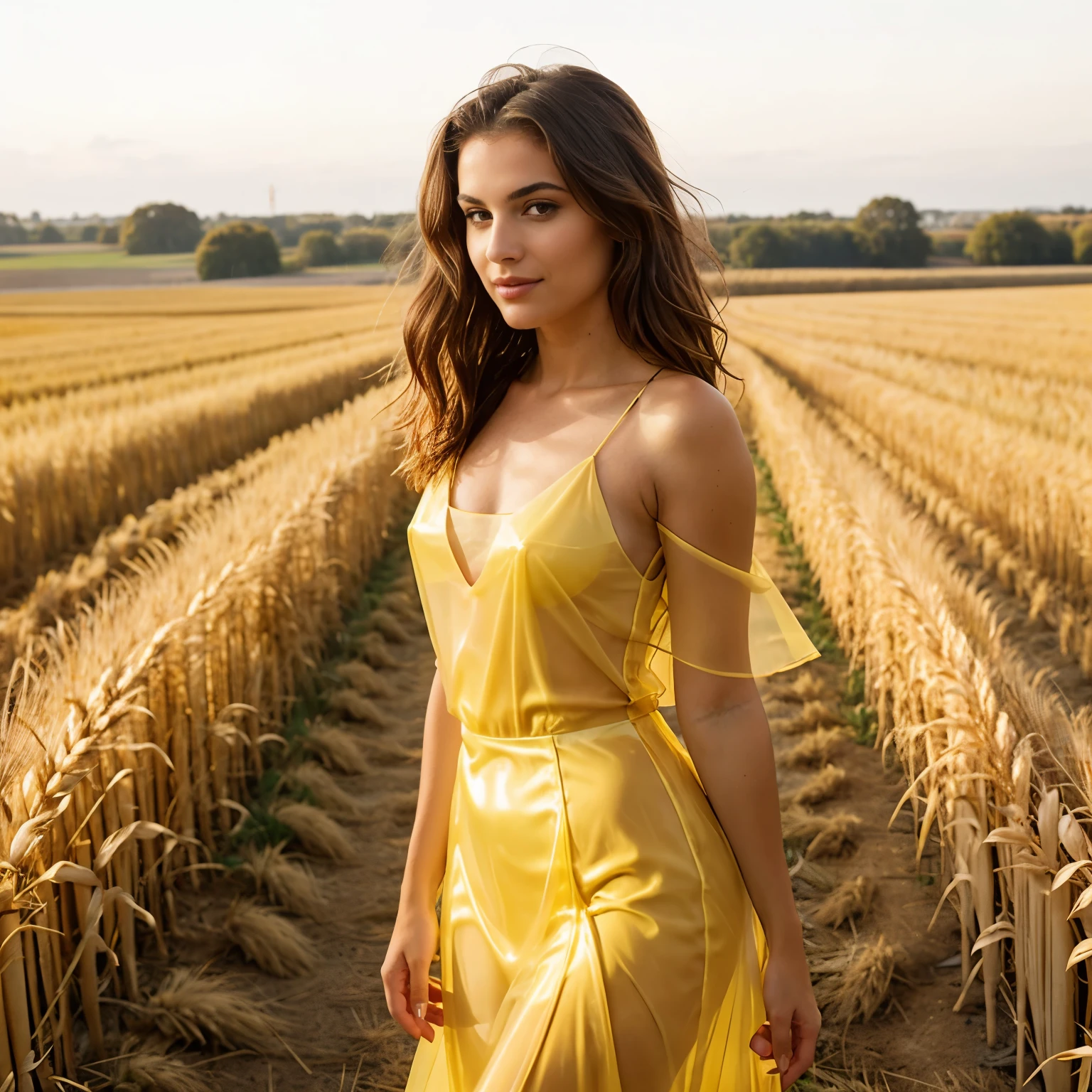 A captivating brunette woman, wavy hair, well-shaped figure dons a vibrant yellow transparent dress amidst the golden wave of the wheat yard. The sunlight bathes her in its natural radiance, heightening the sense of sensuality she exudes. The photograph is taken from a distance of approximately 5 meters away, using a DSLR camera to capture every intricate detail of her enchanting appearance.