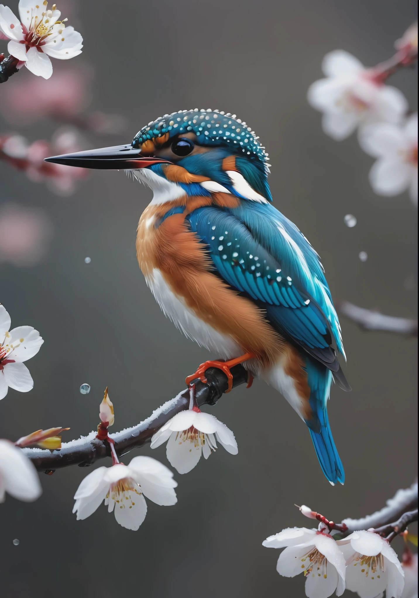 A stunning kingfisher perches on a white cherry blossom branch、There's still a little snow left on the cherry blossom trees, dark, dawn, (cold morning: 1.1), (morning dew: 1.15), realistic pictures, (Low Photo: 1.2), detailed, 8K, (to8 contrast style), (haze: 0.7), bright colors, sony a6600 mirrorless camera, Decoration 2 --v 6