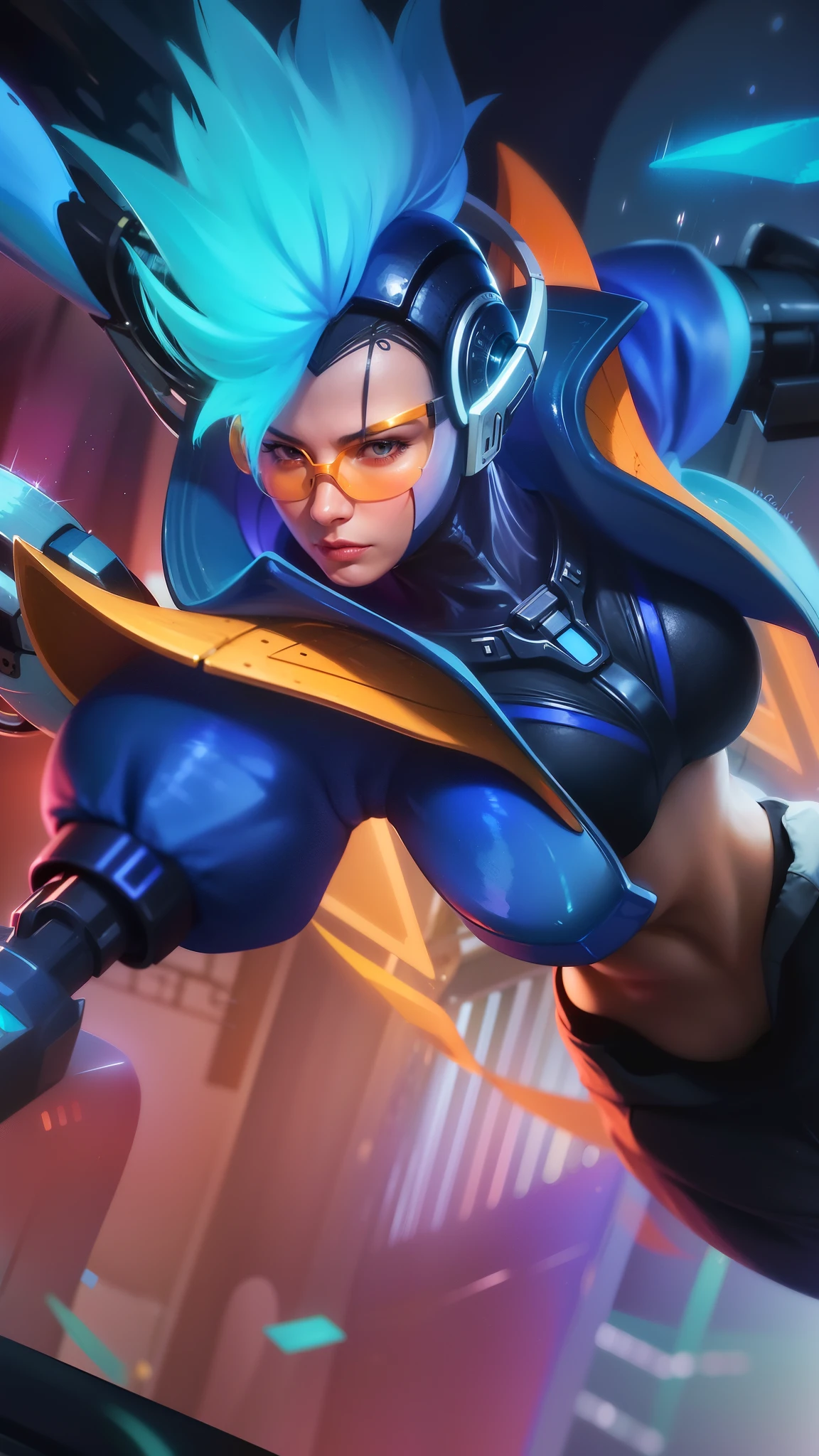 woman blue outfit with a helmet and wearing transparent orange glasses, 8k, ultra hd, ultra detailed texture, hyper realistic, masterpiece, detailed texture, detailed face, detailed skin, detailed lighting, (photorealistic:1.5), best quality, beautiful lighting, cinematic lighting, professional lighting, ultra highres, realistic, detailed hair, real hair, high quality, (realskin:1.5), extremely detailed, finely detail, ultra-detailed, blue hair