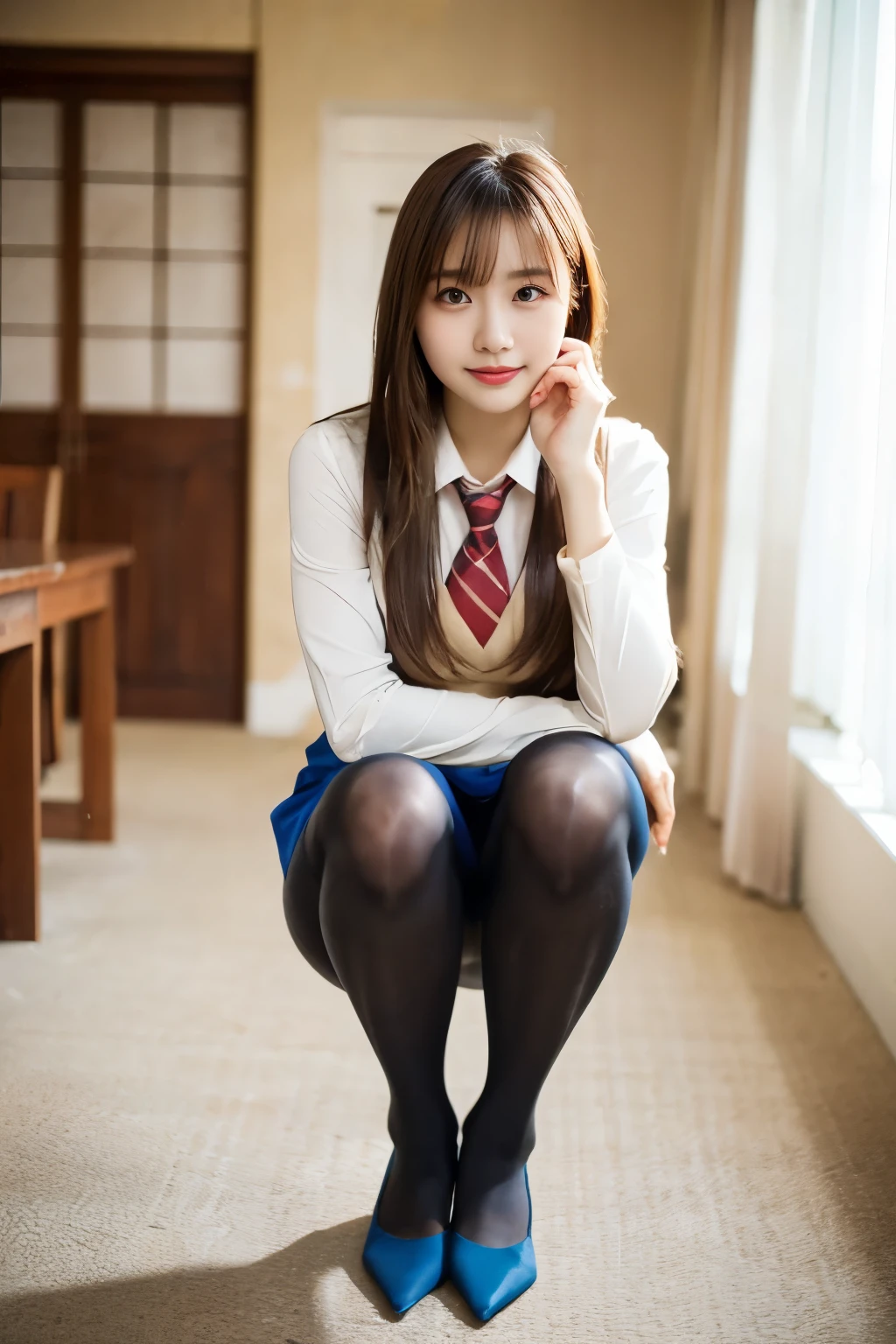 ulzzang-6500-v1.1, (Raw photo:1.2), (Photoreal),(genuine: 1.4), (muste piece), highest quality, shape, Super detailed, finely, High resolution, 8k wallpaper, 完璧なダイナミックな構shape, beautiful and detailed eyes, There is a woman squatting in the room., (super realistic pantyhose:1.3), Beast, japanese , seifuku, Chiho, sakimichan, cute , Yoshitomo Nara, various poses, japanese girl uniform, wearing Japanese , reluvy5213, wearing a principal's uniform