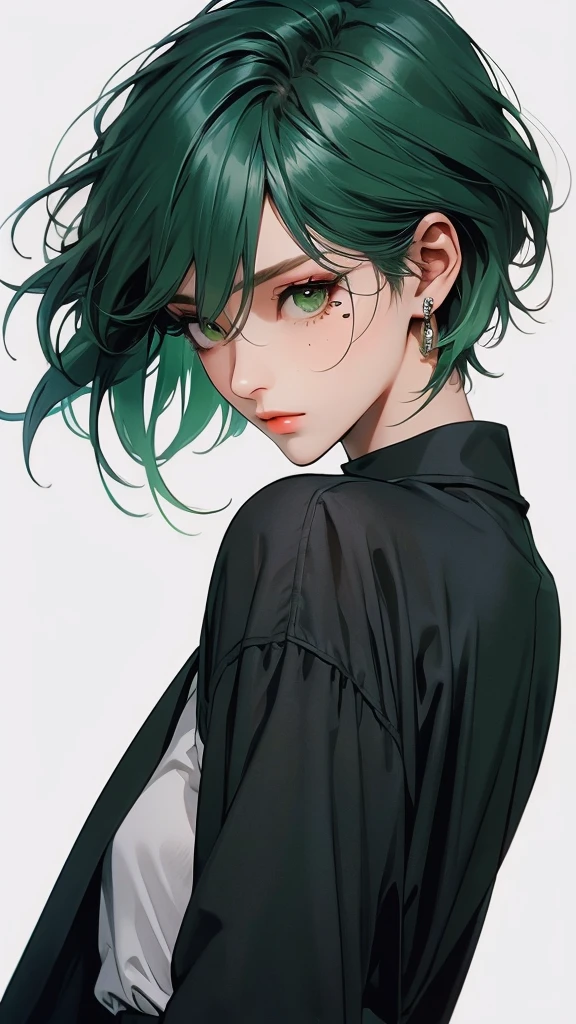 1woman, tamaki, green eyes, green hair, very short hair, mole under right eye, fashion model,