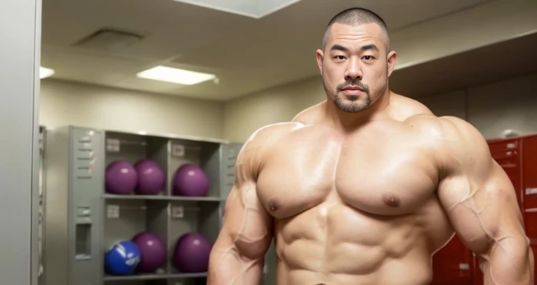 (glairing naked bodybuilder:1.4), (at locker room:1.4), 40's, (Japanese face:1.4), (Korean face:1.4), (Chinese face:1.4), (Taiwanese face:1.4), manly face, fat face, (round face:1.4), (monolid eyes:1.2), (buzz cut:1.5), very large and strong body, bulky body, beefy muscles, (bulging muscles:1.4), (very large pectoral muscles:1.4), (muscular arms:1.4), muscular abs, muscular legs, muscular back, bright oily skin, (realistic:1.2), distant view