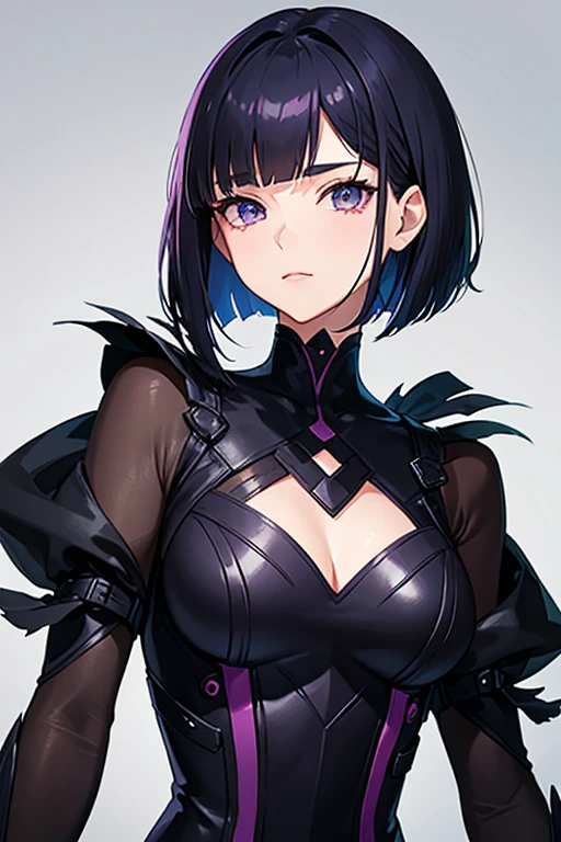 Anime-style portrait of a girl with a dark violet bob cut making eye contact with the camera, bright eyes, -facebtle smile, minimalistic background to emphasize character, high contrast, clean lines, digital painting, vivid colors, The girl wears her hair in a bob cut, cut at the jawline. Her hair is dark purple and her fringes are parted just in the middle of her forehead, barely peeking over her eyebrows. Other short hair frames the face on either side of the fringe, reaching just above the eyes, and the hair on the sides is clipped above the ears. The hair on top has slight volume and forms an overall rounded silhouette. The texture of the hair is smooth, shiny and lively. The ends of the hair are lightly styled inwards.
