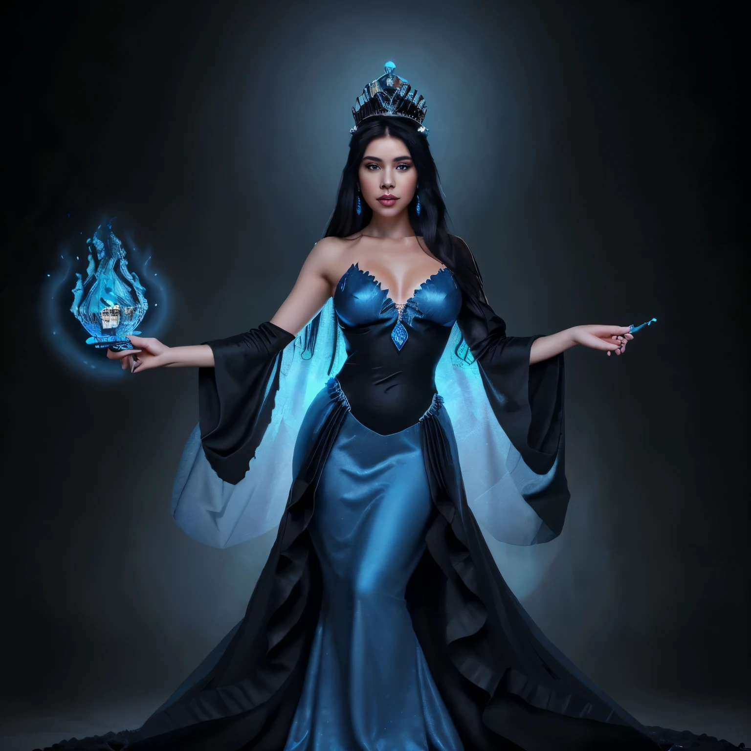 Create a full body image of a woman according to the following:
1. She is very beautiful
2. She is a queen
3. She is wearing a black gown
4. She has black tiara with blue gems
5. She is holding a blue flame that creates frost.
6. She shows power
7. Her background is blue moon
