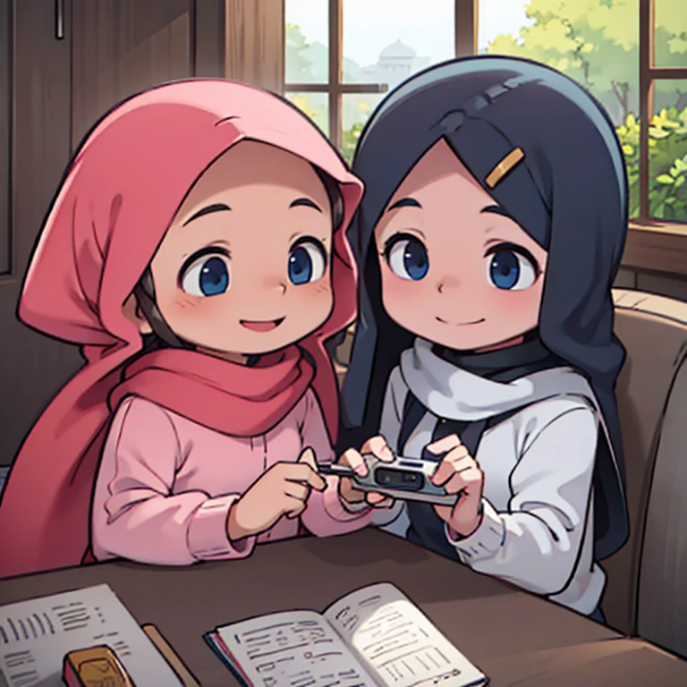 Make two children with hijab smile in front of camera