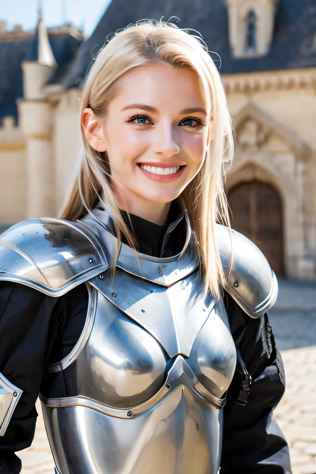 8K、highest quality、female knight、The background is a castle、Luxurious Silver Armor、heavy equipment、hairstyle shortcut、smile、beautiful teeth、full body photo、blonde、white woman、blue eyes、Full-face helmet