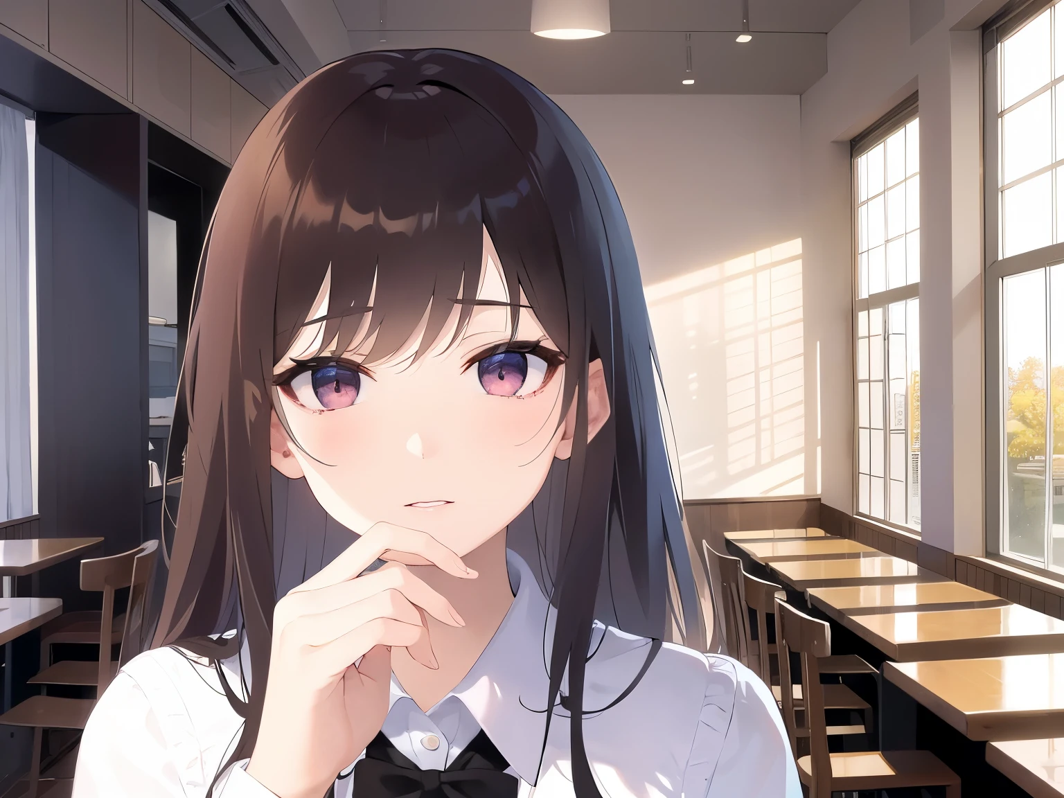 Placing hand on face、Biologically correct five fingers、Upper Body, Realistic, real person, RAW photo, photorealistic, portrait photography, shiny skin, japanese idol、(A 25-year-old woman with light chestnut-colored bangs) and (medium hair) and (pink eyes), (white ruffle plane blouse:1.2) and (long sleeve)、annoyed, The background is the interior of the restaurant.、Are standing、Alone、