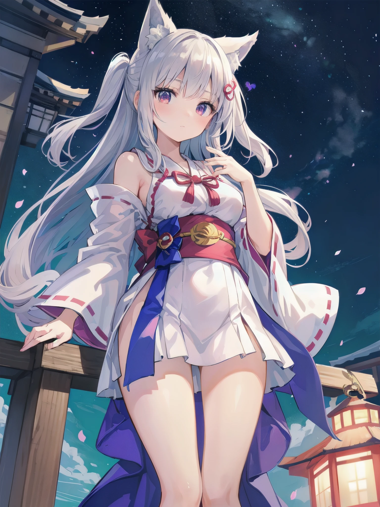 (highest quality)、((Super detailed))、(super delicate)、Cute and sexy shrine maiden、 girl、silver hair、Kemonomimi、beautiful breasts、beautiful thighs、Gorgeous、fantastic light、look up from below
