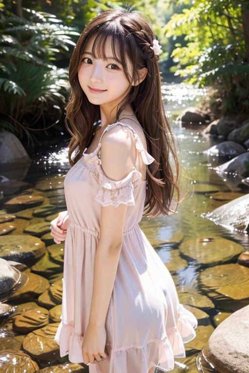 highest quality、Super detailed,、finely、High resolution、beautiful eyeedium long hair、hair fluttering in the wind、brunette hair、Standing in the creek、19 year old beauty、Photographed from the knees up、cute smile、face light、Sheer pastel pink babydoll、eight-headed body、beautiful woman、gravure、sexy pose、beautiful skin、japanese woman、Disorganized Hair