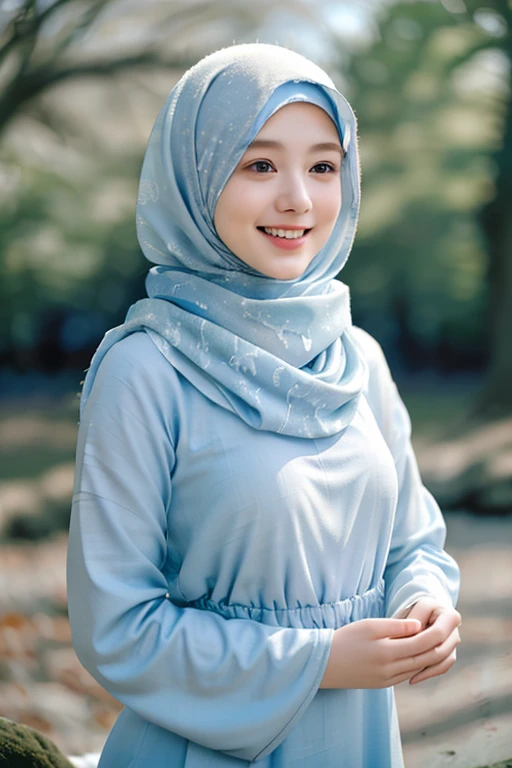(RAW photo, best quality), (realistic, photo-realistic:1.3), 1 girl, solo girl, full body photo, extremely delicate and beautiful, Amazing, finely detail, masterpiece, ultra-detailed, highres,(best illustration), (best shadow),intricate,depth of filed, On a summer afternoon, a lovely red female muslim dress with tunic,white pashmina hijabs, hijab, In the blue hues of winter, creating a soothing sound, shine eyes, immersing smile in harmony with nature, No hair seen,(blurry background:1.4), sharp focus, volumetric fog, 8k UHD, high quality, (film grain:1.4), apertur f/1.4,