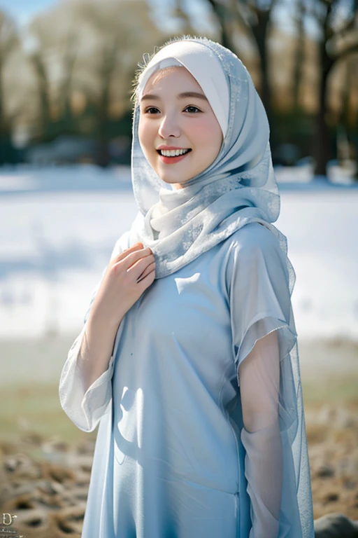(RAW photo, best quality), (realistic, photo-realistic:1.3), 1 girl, solo girl, full body photo, extremely delicate and beautiful, Amazing, finely detail, masterpiece, ultra-detailed, highres,(best illustration), (best shadow),intricate,depth of filed, On a summer afternoon, a lovely red female muslim dress with tunic,white pashmina hijabs, hijab, In the blue hues of winter, creating a soothing sound, shine eyes, immersing smile in harmony with nature, No hair seen,(blurry background:1.4), sharp focus, volumetric fog, 8k UHD, high quality, (film grain:1.4), apertur f/1.4,