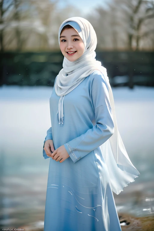 (RAW photo, best quality), (realistic, photo-realistic:1.3), 1 girl, solo girl, full body photo, extremely delicate and beautiful, Amazing, finely detail, masterpiece, ultra-detailed, highres,(best illustration), (best shadow),intricate,depth of filed, On a summer afternoon, a lovely red female muslim dress with tunic,white pashmina hijabs, hijab, In the blue hues of winter, creating a soothing sound, shine eyes, immersing smile in harmony with nature, No hair seen,(blurry background:1.4), sharp focus, volumetric fog, 8k UHD, high quality, (film grain:1.4), apertur f/1.4,