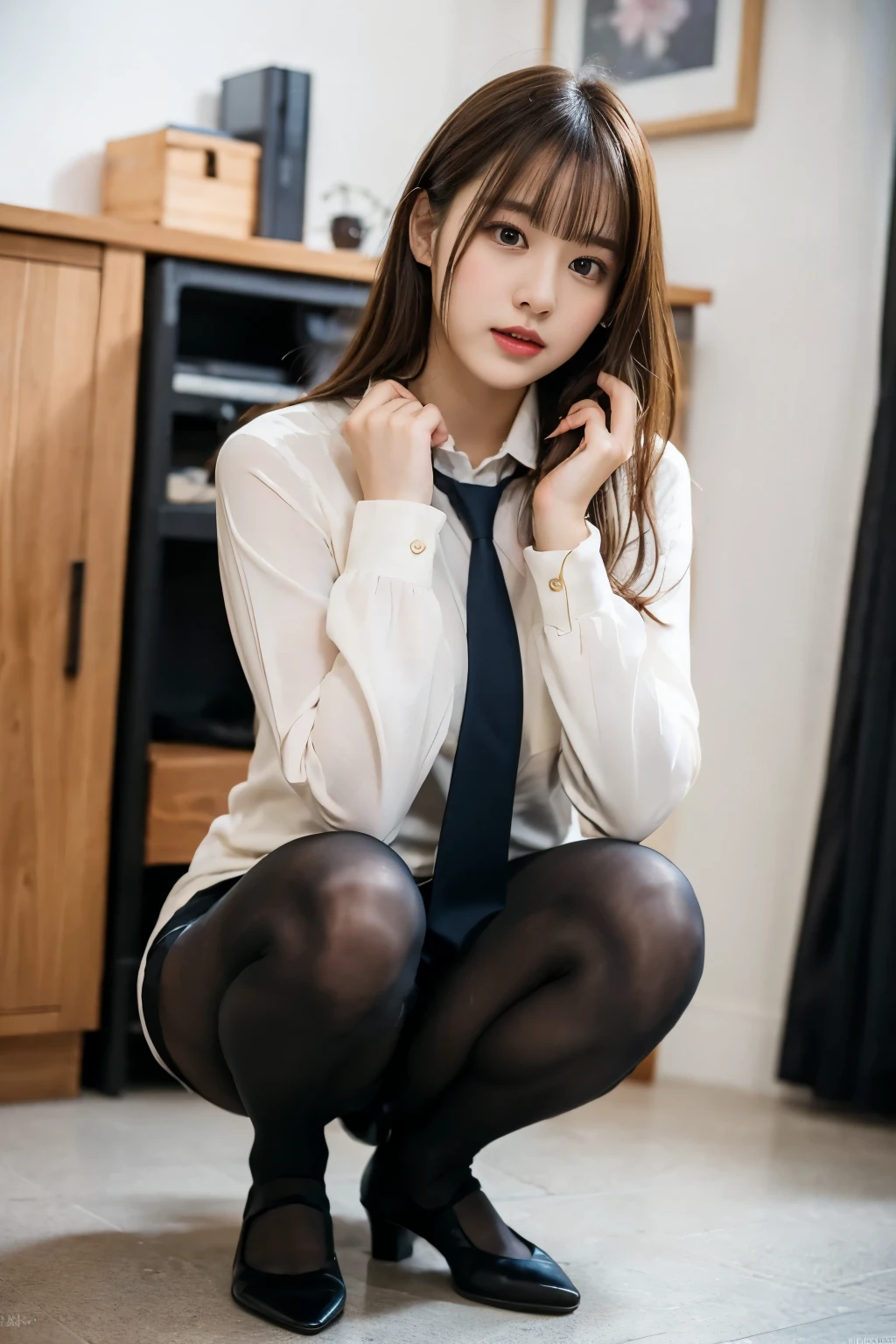 ulzzang-6500-v1.1, (Raw photo:1.2), (Photoreal),(genuine: 1.4), (muste piece), highest quality, shape, Super detailed, finely, High resolution, 8k wallpaper, 完璧なダイナミックな構shape, beautiful and detailed eyes, There is a woman squatting in the room., (super realistic pantyhose:1.3), Beast, japanese , seifuku, Chiho, sakimichan, cute , Yoshitomo Nara, various poses, japanese girl uniform, wearing Japanese , reluvy5213, wearing a principal's uniform