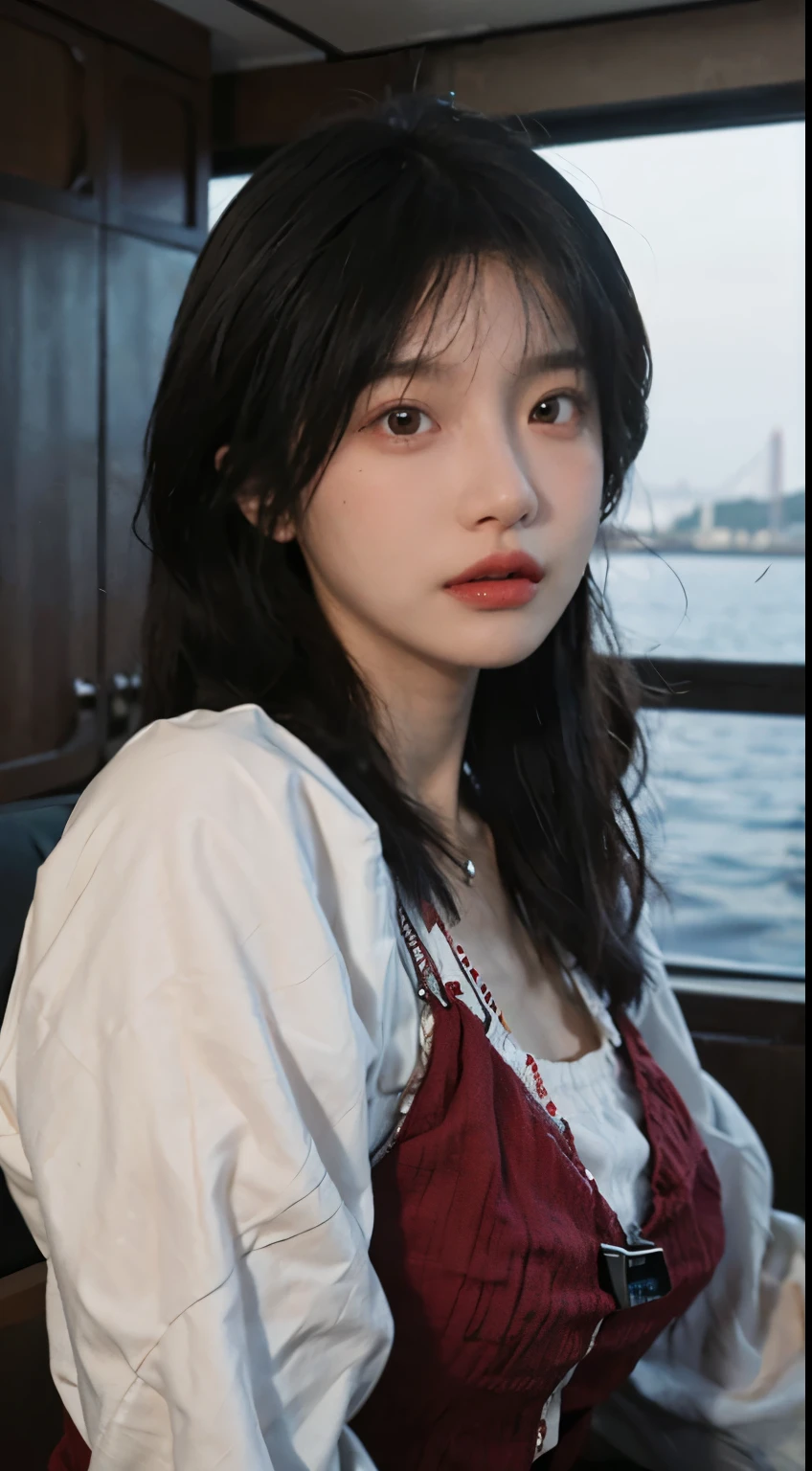 best quality,masterpiece,ultra high resolution,(realistically:1.4),1 girl,big wavy hair,double eyelids,A pair of peach blossom eyes,pure,fair,Stunner,necklace,Lovely,Skin white and translucent,Looking directly at the viewer,on the yacht,full of atmosphere,pure,red dress:1.8,(upper part of body:1.4),There is light on the face, movie lighting,illustration, Very detailed,Level verbose, High resolution, Very detailed, best quality, masterpiece,Highly detailed facial and skin textures,surreal,Super real photos,Beautiful and delicate eyes,Very detailed CG unified 8k wallpaper,(masterpiece),(best quality),(Super detailed),(Super real photos),(Best character details:1.36)