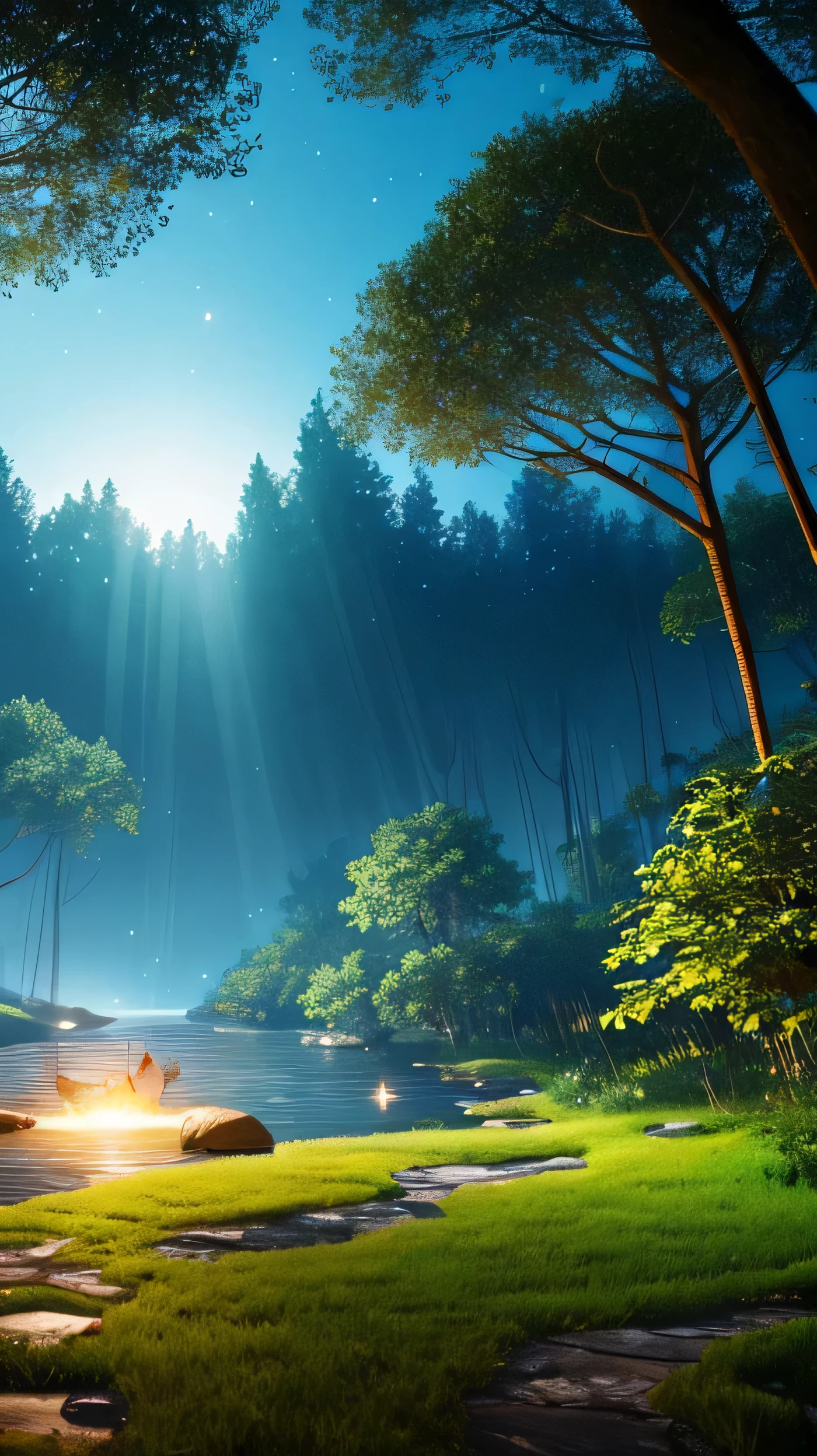 Masterpiece, best quality, (very detailed CG unity 8k wallpaper), (best quality), (best illustration), (best shadows), glow sprite, with a glowing deer, in the swimming pool Drinking water, natural elements in the forest theme. Mysterious forest, beautiful forest, nature, surrounded by flowers colorful, delicate leaves and branches surrounded by fireflies (natural elements), (jungle theme), (leaves), (twigs), (fireflies), (particle effects) etc. 3D , Octane rendering, ray tracing, super detailed