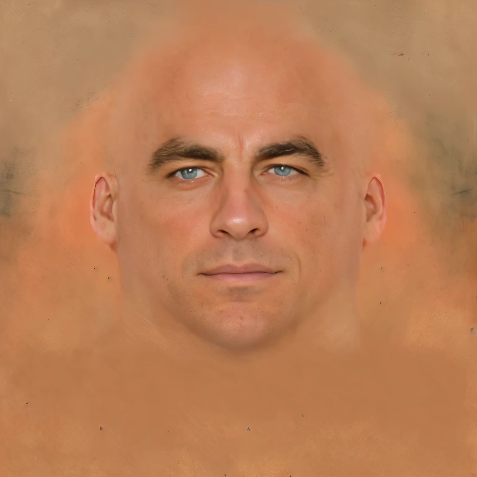 there is a man with a bald head and blue eyes, zoomed out portrait of a duke, bald man, inspired by Alexander Fedosav, fantasy rpg symmetrical portrait, bald head and menacing look, one head portrait, joe rogan, symmetrical portrait scifi, shaven face, centered painted portrait, symmetrical centered portrait, vin diesel head in egg cup