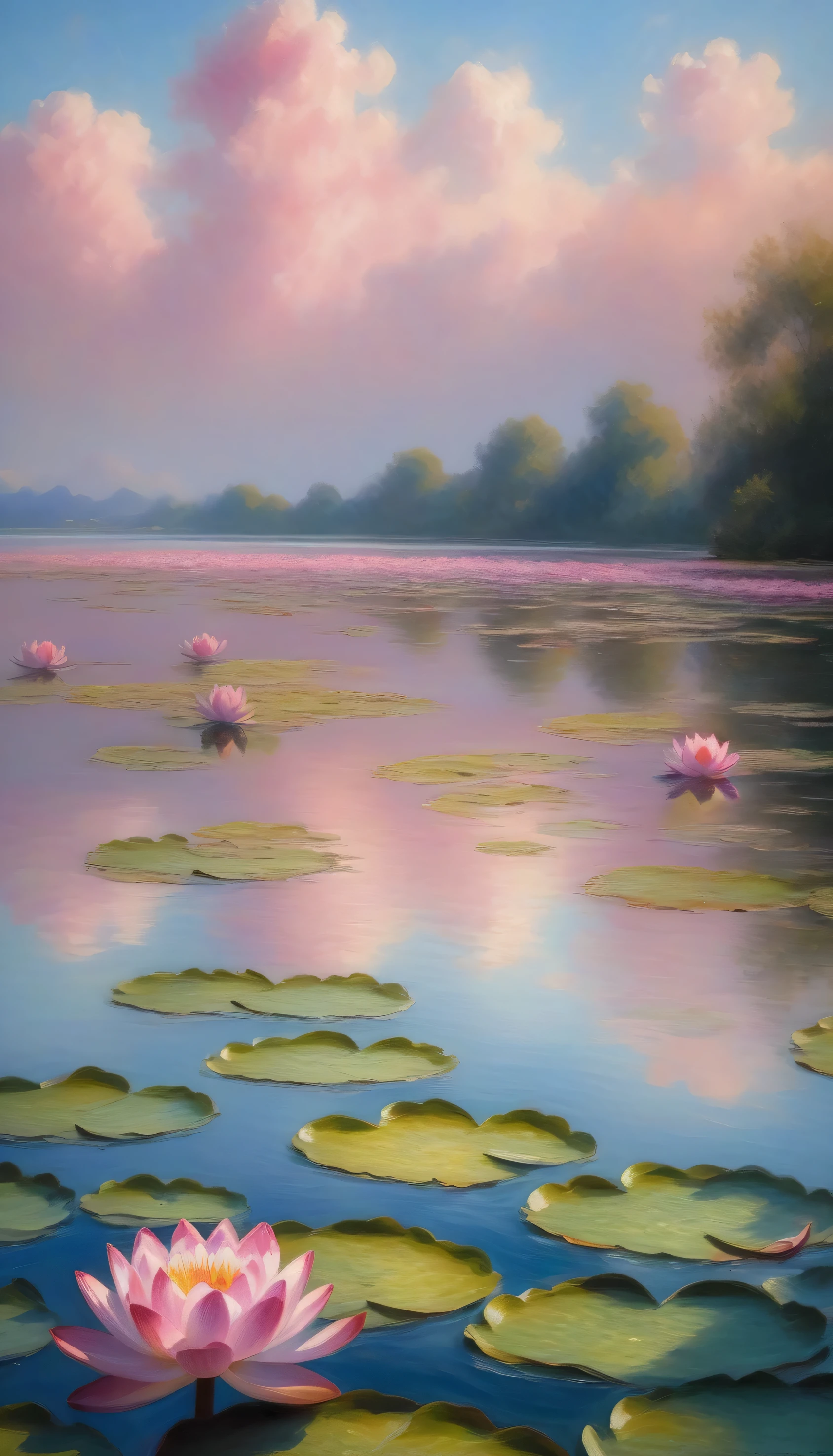 Monet style, beach, cloud, sky, water, flower, waterlily, pad, lotus, pink flower, no humans, plant, scenery, still life, impressionist watercraft, monet (style) (masterpiece:1.2), best quality, highres, original, extremely detailed wallpaper, perfect lighting,(extremely detailed:1.2), drawing, paintbrush