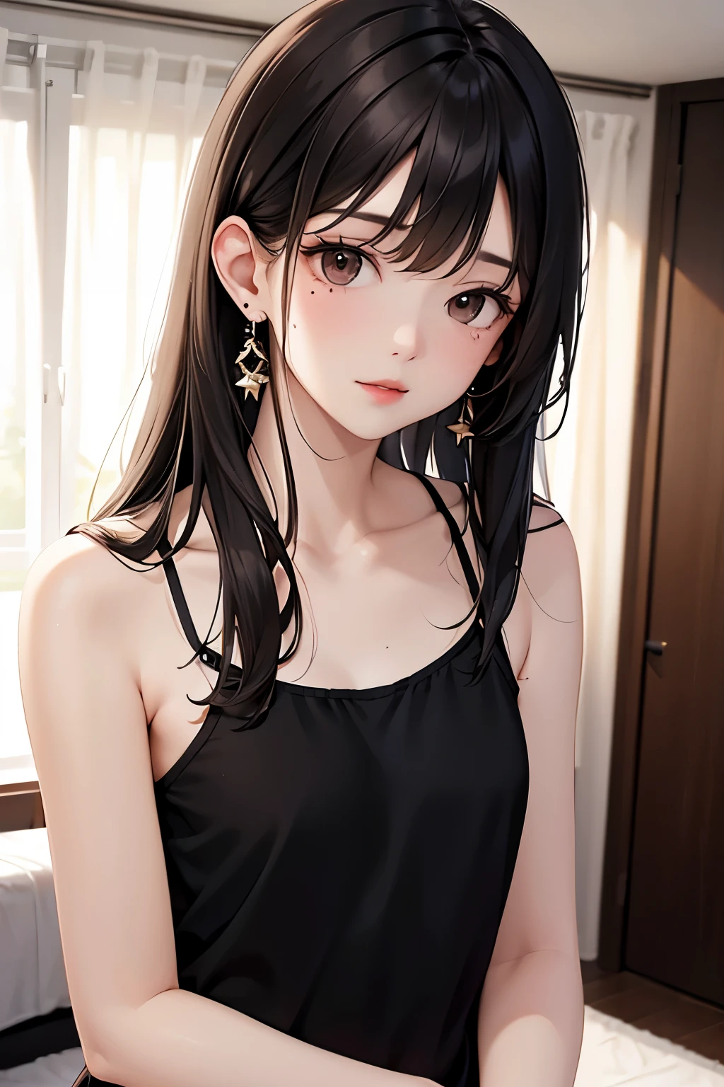 best quality, highres,Slender、brown eyes、tall、black hair、(semi-long:1.3),straight hair、earrings、Hotel、dark room、black camisole、A small mole on the chest、black panties