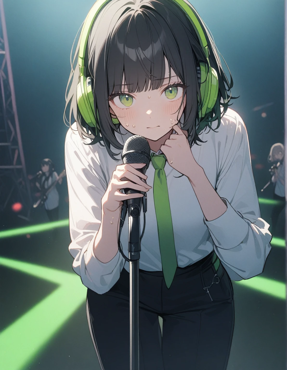 1 girl, black hair, short hair with bangs with a green gradient on her hair, green eyes, looks at the viewer, sings into the microphone, stands on stage, singer, green headphones dressed, dressed in a white shirt and green tie, black pants, sweat on her face, dissatisfied, gentle tones