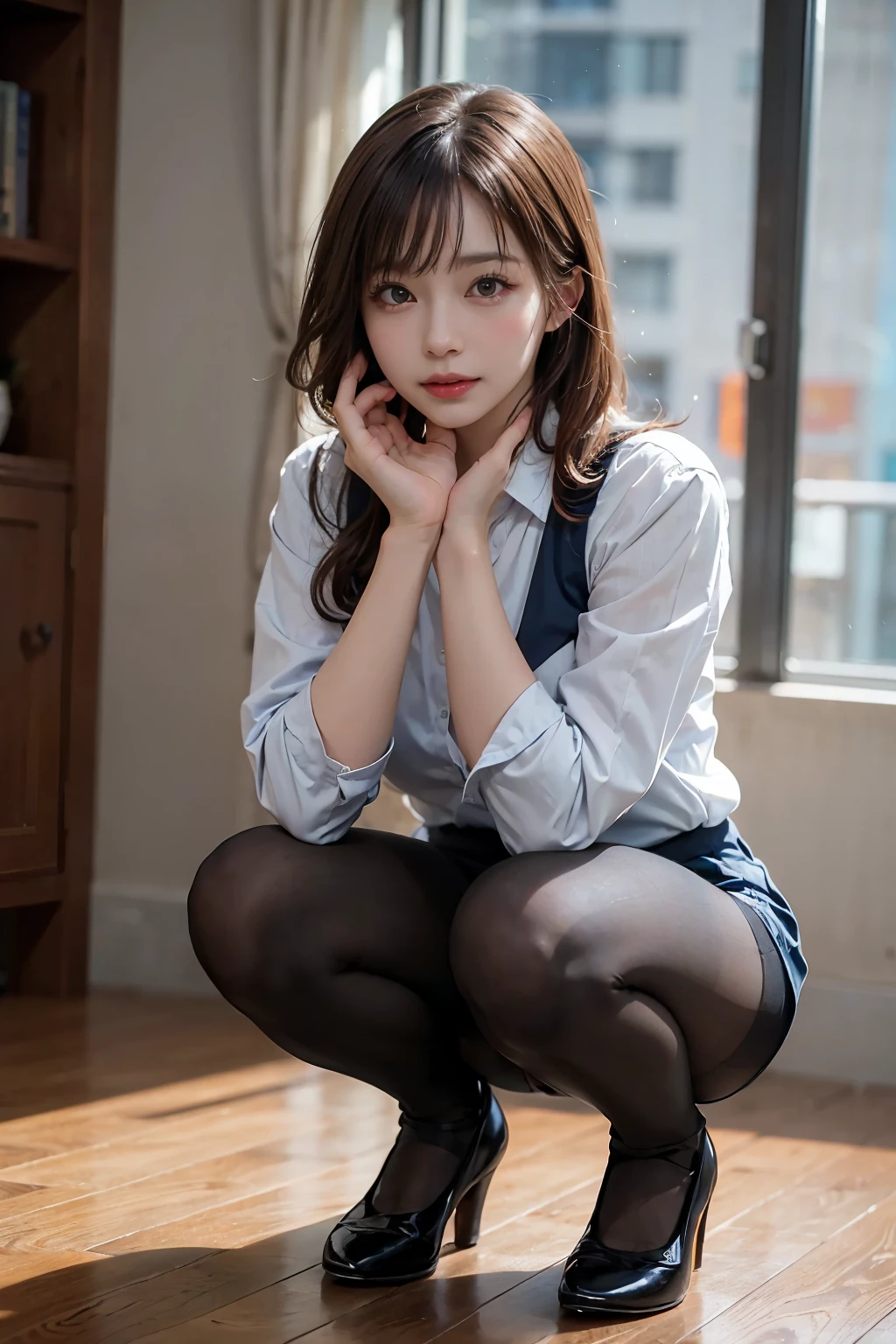 ulzzang-6500-v1.1, (Raw photo:1.2), (Photoreal),(genuine: 1.4), (muste piece), highest quality, shape, Super detailed, finely, High resolution, 8k wallpaper, 完璧なダイナミックな構shape, beautiful and detailed eyes, There is a woman squatting in the room., (super realistic pantyhose:1.3), Beast, japanese , seifuku, Chiho, sakimichan, cute , Yoshitomo Nara, various poses, japanese girl uniform, wearing Japanese , reluvy5213, wearing a principal's uniform