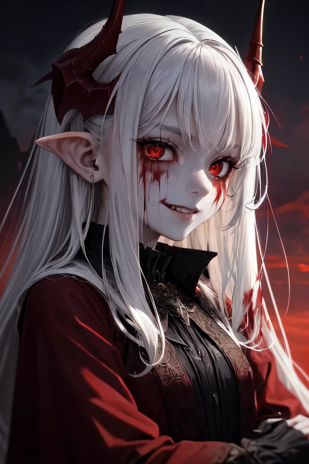 (masterpiece:1.2, Best quality),(Better lighting, very gentle and beautiful),(Better lighting, very gentle and beautiful), (Beautiful detailed face), (finely detailed eyes and a detailed face:1.2), dark fantasy, (young girl, Small animals, 1 girl, One, crazy smile, Pale skin, White hair, red glowing eyes, dynamic angle, a vampire), (gaint a vampire castle in background), (Red Moon, Red Sky), pointed_ears, fangs, demon wings, demon horns, blood on the face, bloody rain, Bloody Mist, (depth of field), high contrast, (blood spatter:1.4), cowboy shot, whole body,