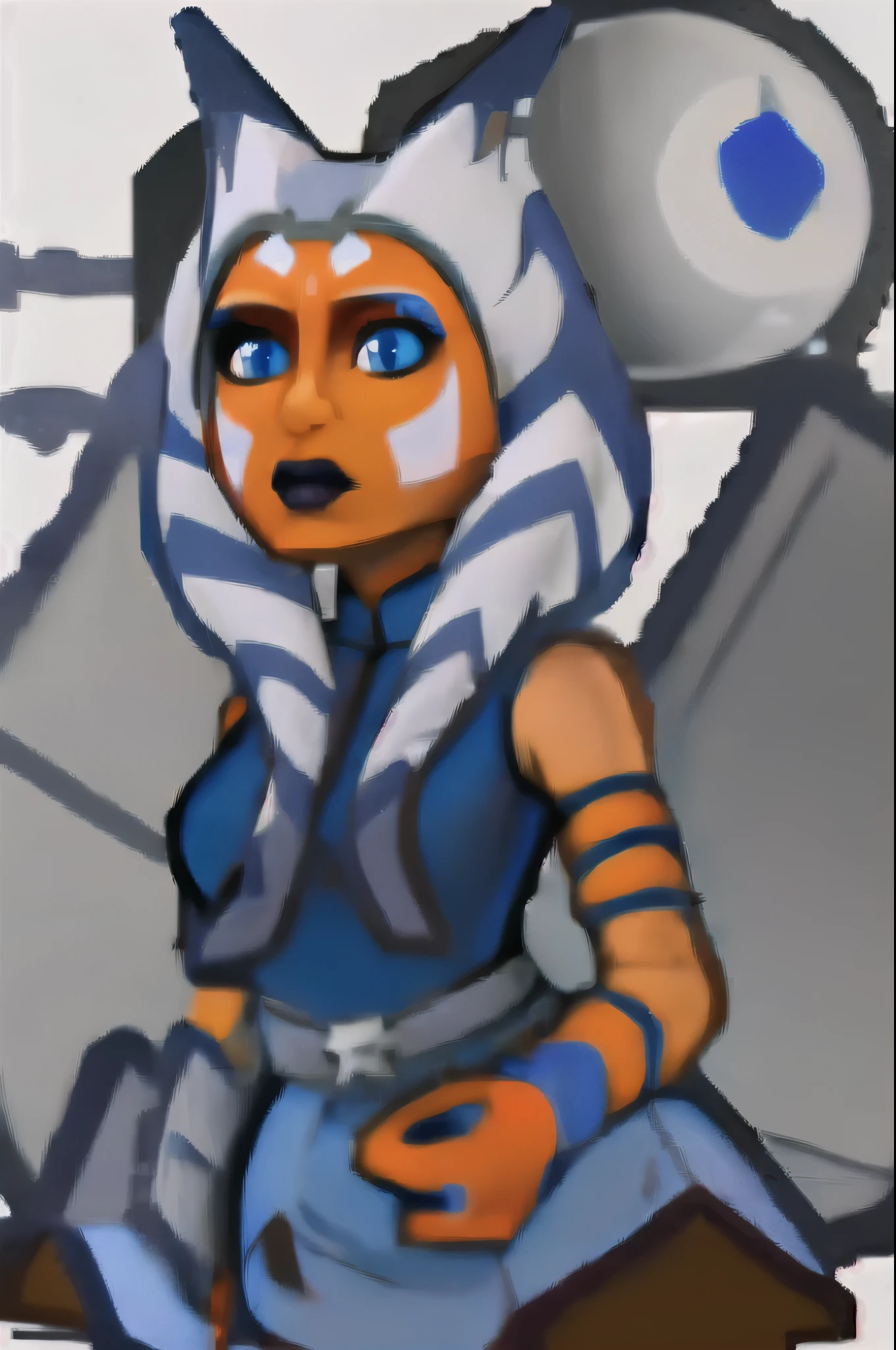 simple background, full body, , solid oval eyes, outline AhsokaTano, (orange skin:1.2), blue eyes, makeup, medium breasts, (blue shirt:1.2), bare shoulders, vambraces, fingerless gloves, hip armor, blue skirt, blue leggings 