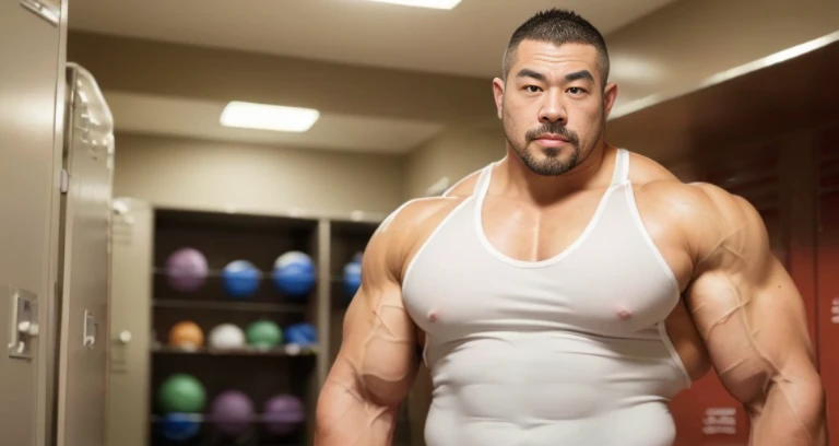 (glairing naked bodybuilder:1.4), (at locker room:1.4), 40's, (Japanese face:1.4), (Korean face:1.4), (Chinese face:1.4), (Taiwanese face:1.4), manly face, fat face, (round face:1.4), (monolid eyes:1.2), (buzz cut:1.5), very large and strong body, bulky body, beefy muscles, (bulging muscles:1.4), (very large pectoral muscles:1.4), (muscular arms:1.4), muscular abs, muscular legs, muscular back, bright oily skin, (realistic:1.2), distant view