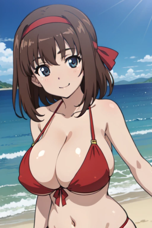 (anime cels style, best quality, high resolution, megami magazine, anime poster style, photorealistic), (beautiful eyes:1.2), kondou_taeko, 1girl, smile, medium hair, brown hair, brown eyes, (red hair ribbon, hachimaki), (huge breast), (red bikini), cowboy shot, (perfect detailed anatomy, beautiful face, perfect body, perfect arms, shiny skin), sunshine, bluesky